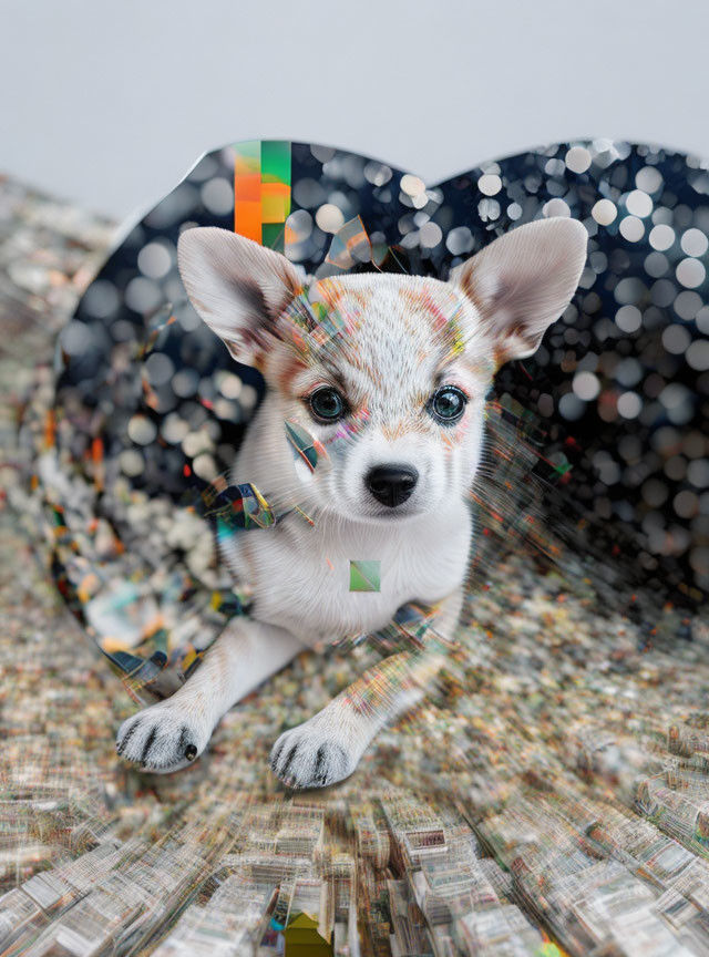 Digital glitch art puppy emerges from sea of images with bokeh background