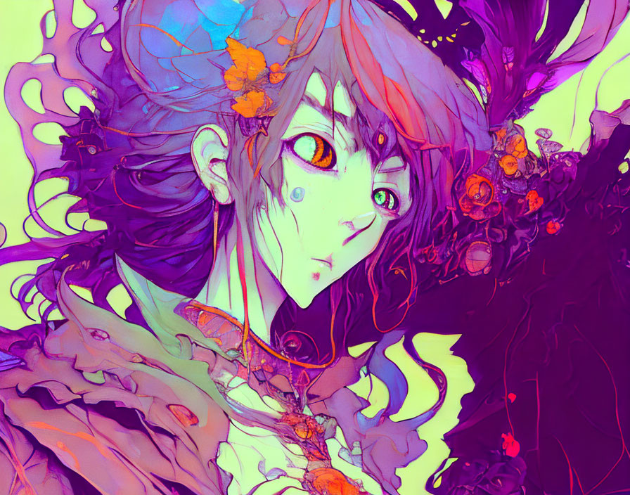 Colorful character illustration with blue eyes and floral hair in purple, orange, and yellow tones