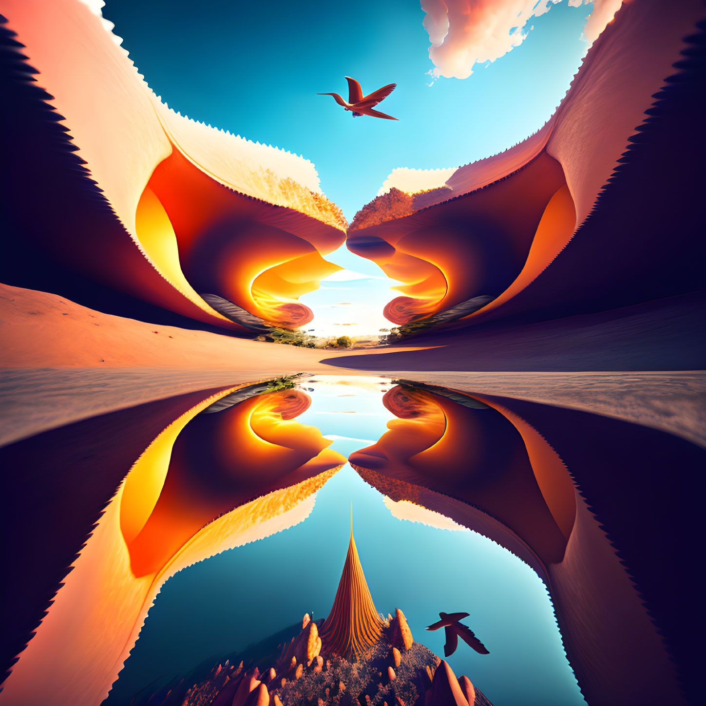 Surreal landscape with orange cliffs, mirrored surface, bird, and person silhouette