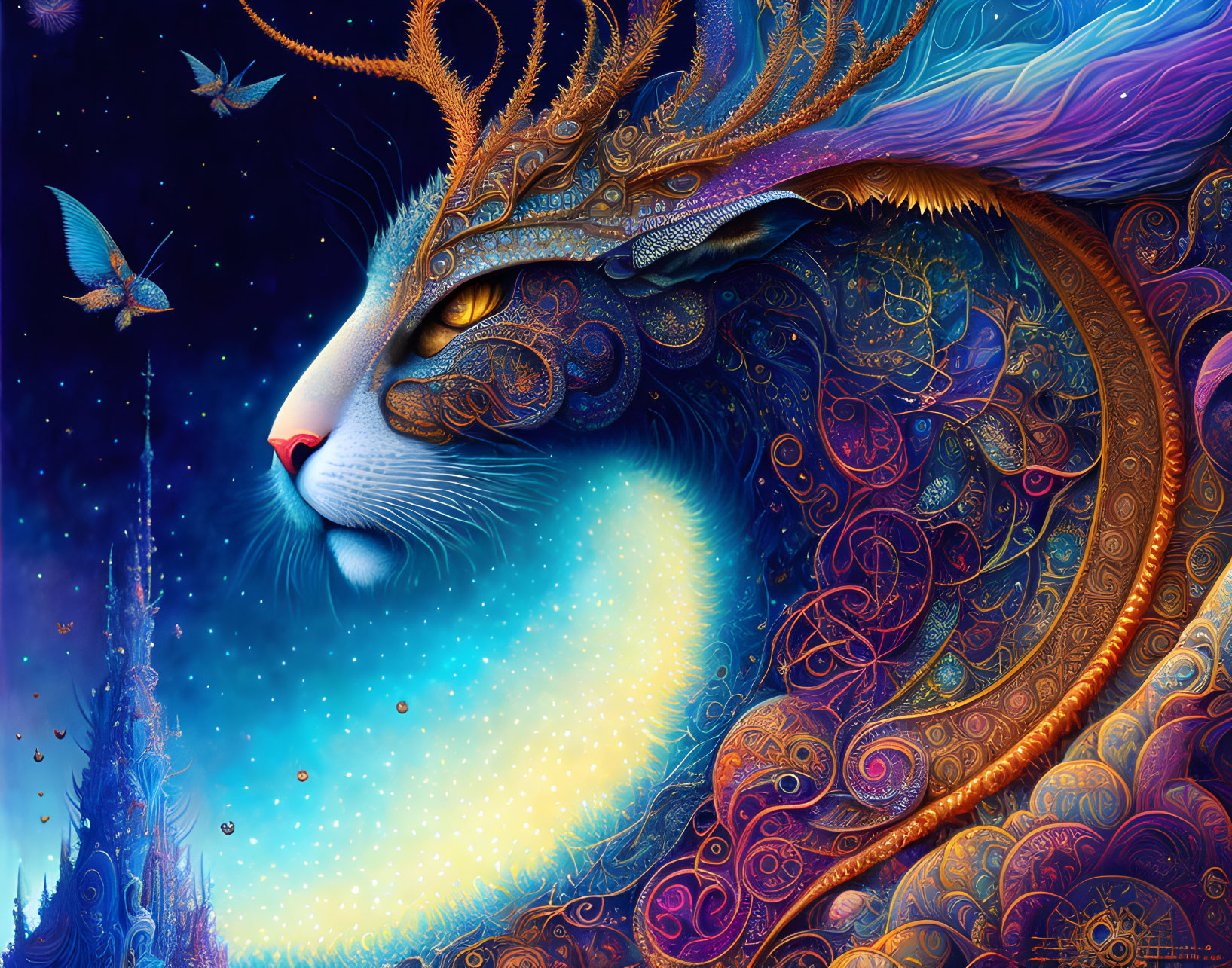 Colorful cosmic cat illustration with ornate patterns in starry night sky