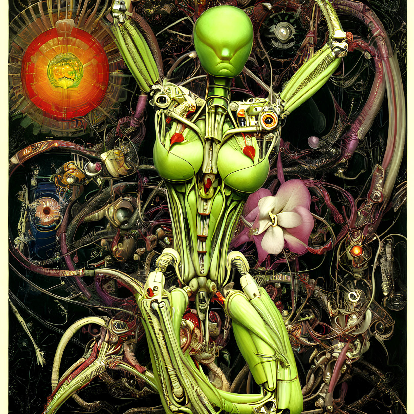 Detailed humanoid figure with mechanical and organic elements and an orchid.