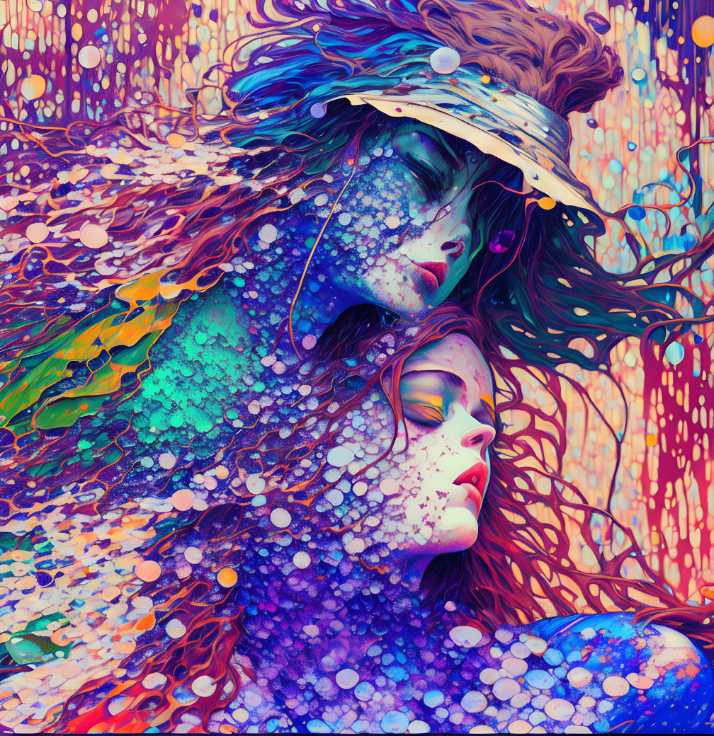 Colorful Artwork: Two Faces Merge with Abstract Paint Splatters