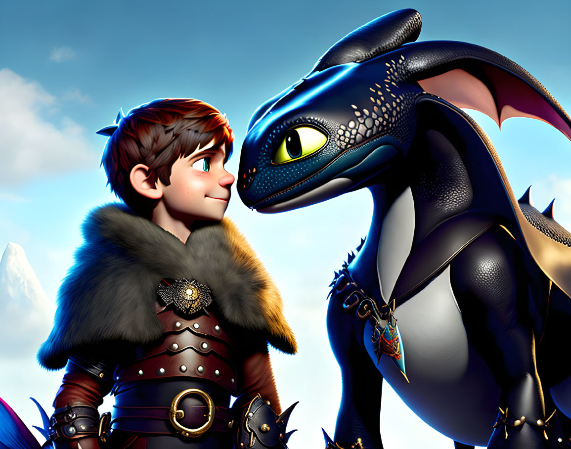 Viking boy and black dragon share bond under blue sky