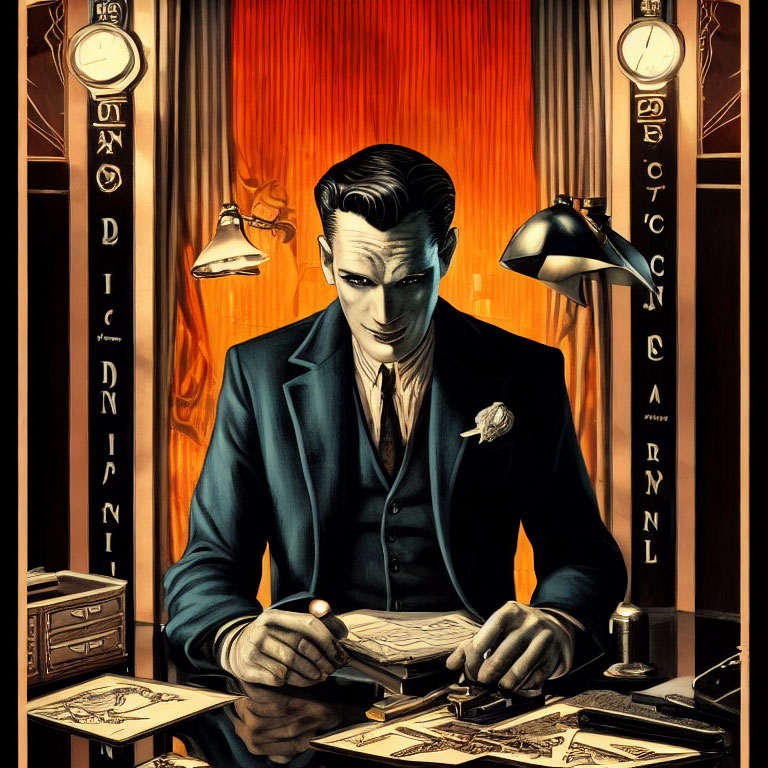 Man in Blue Suit Examining Papers at Art Deco Desk Under Lamplight