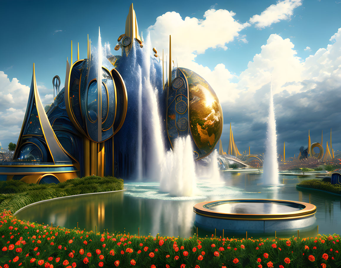 Futuristic golden cityscape with waterfalls and astronomical sphere