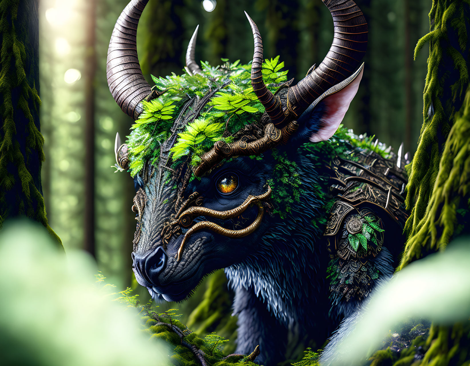 Horned mystical creature with green foliage in forest