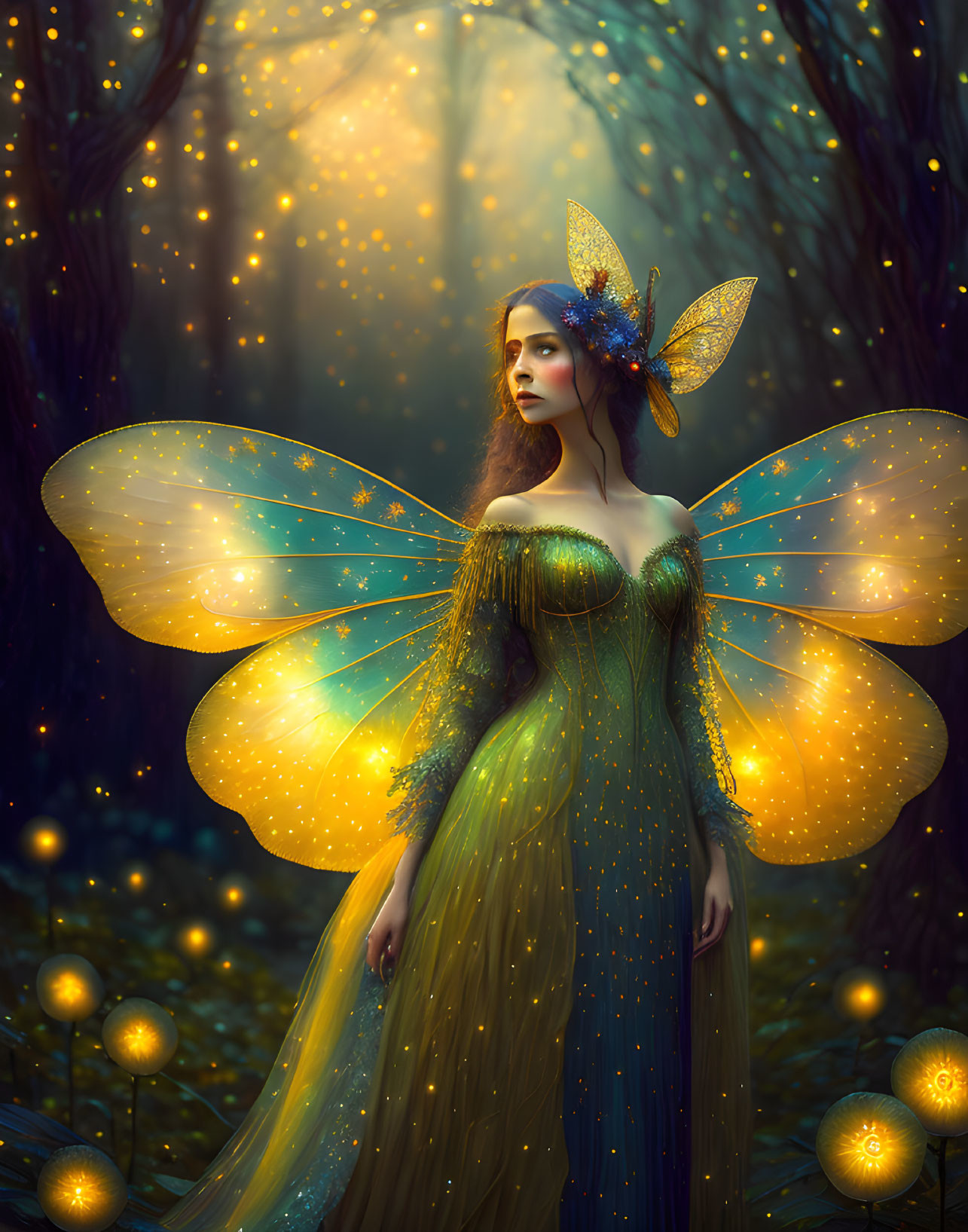 Woman with Luminous Fairy Wings in Enchanted Forest