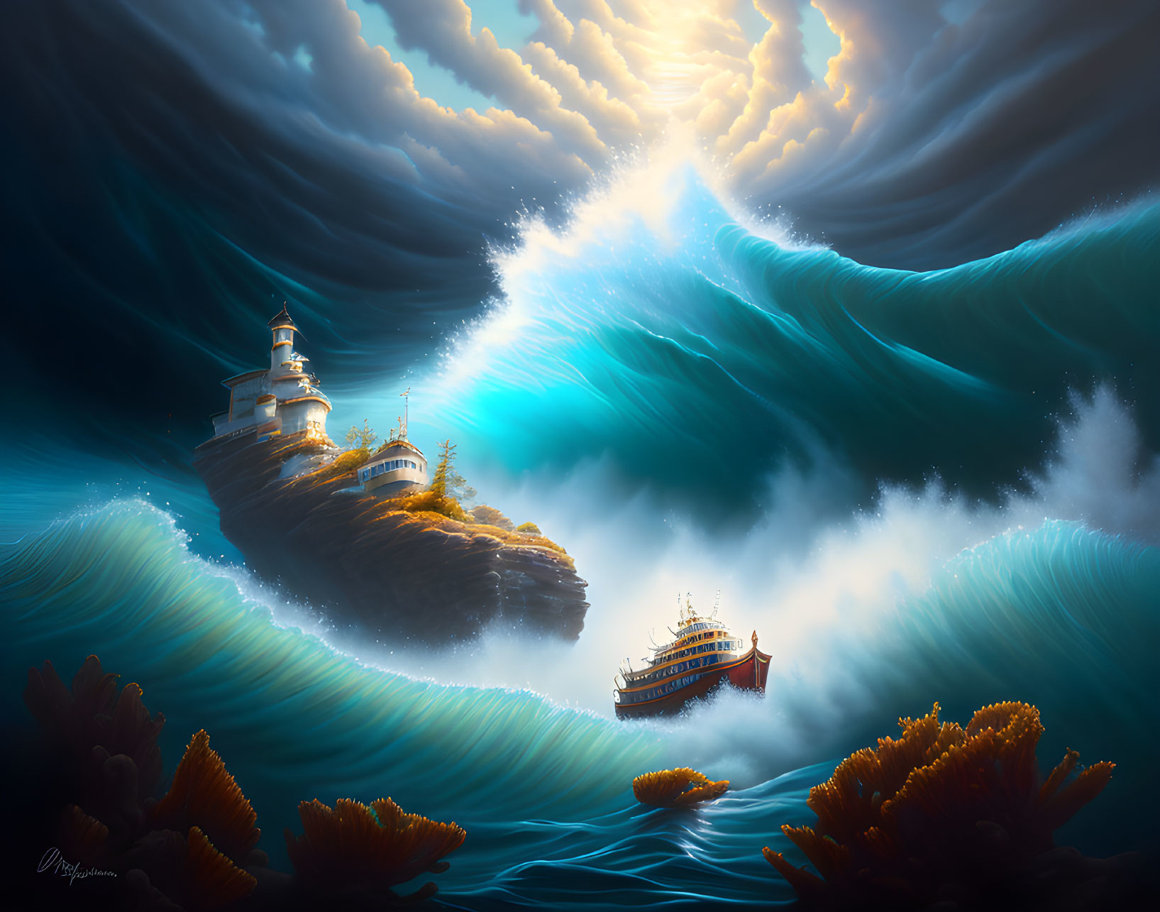 Tranquil seascape with lighthouse, ship, coral, and dramatic sunlight.