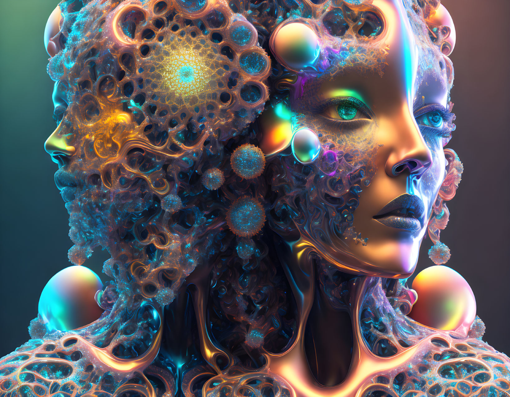 Vibrant digital art portrait with fractal patterns and spheres.