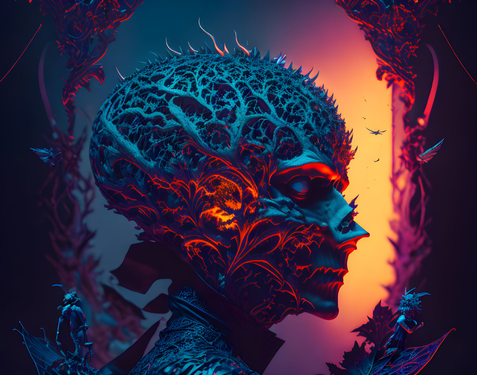 Stylized human profile with glowing red eyes in fiery flora against blue-red backdrop