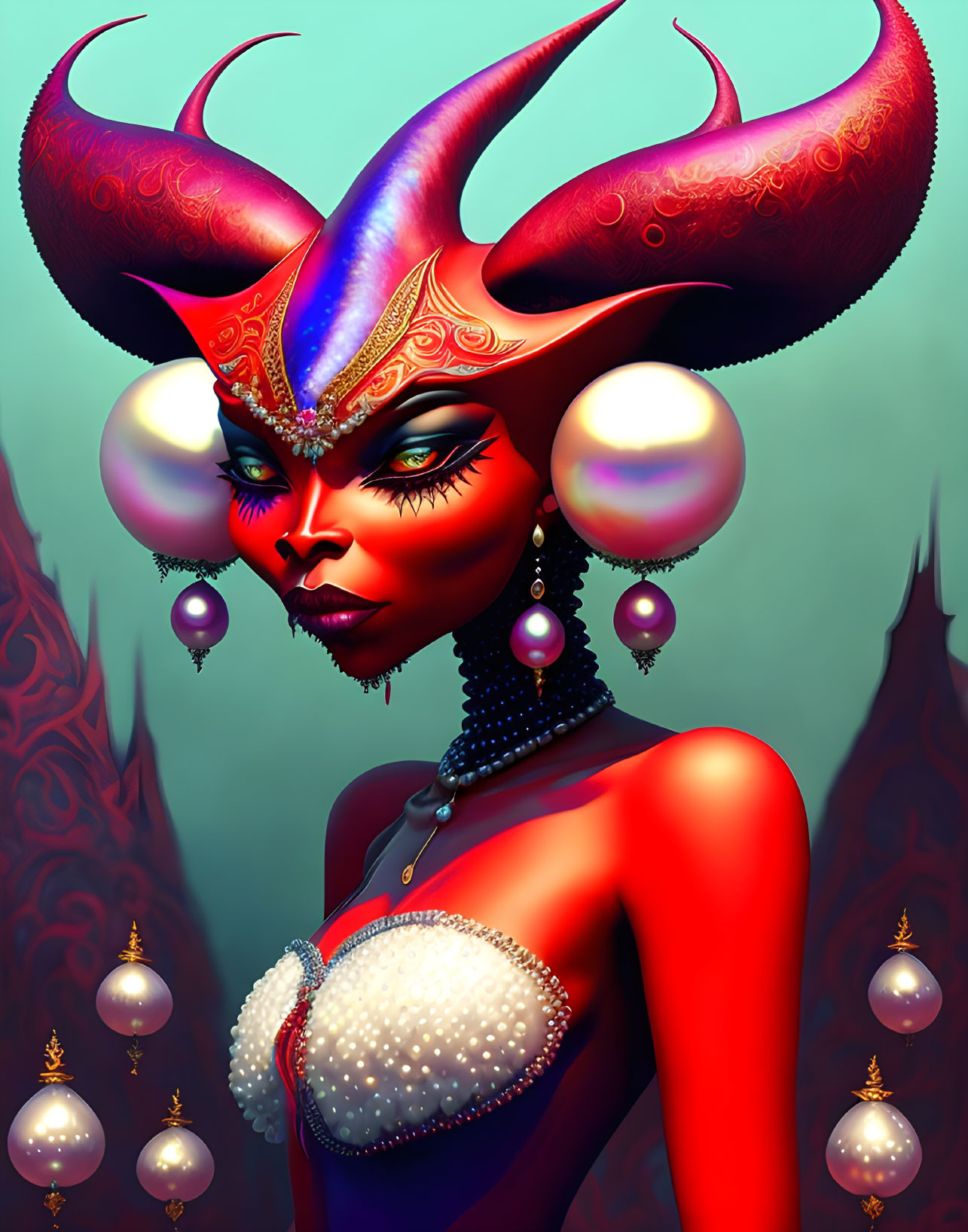 Stylized female figure with red horns and pearl earrings on blue-green background