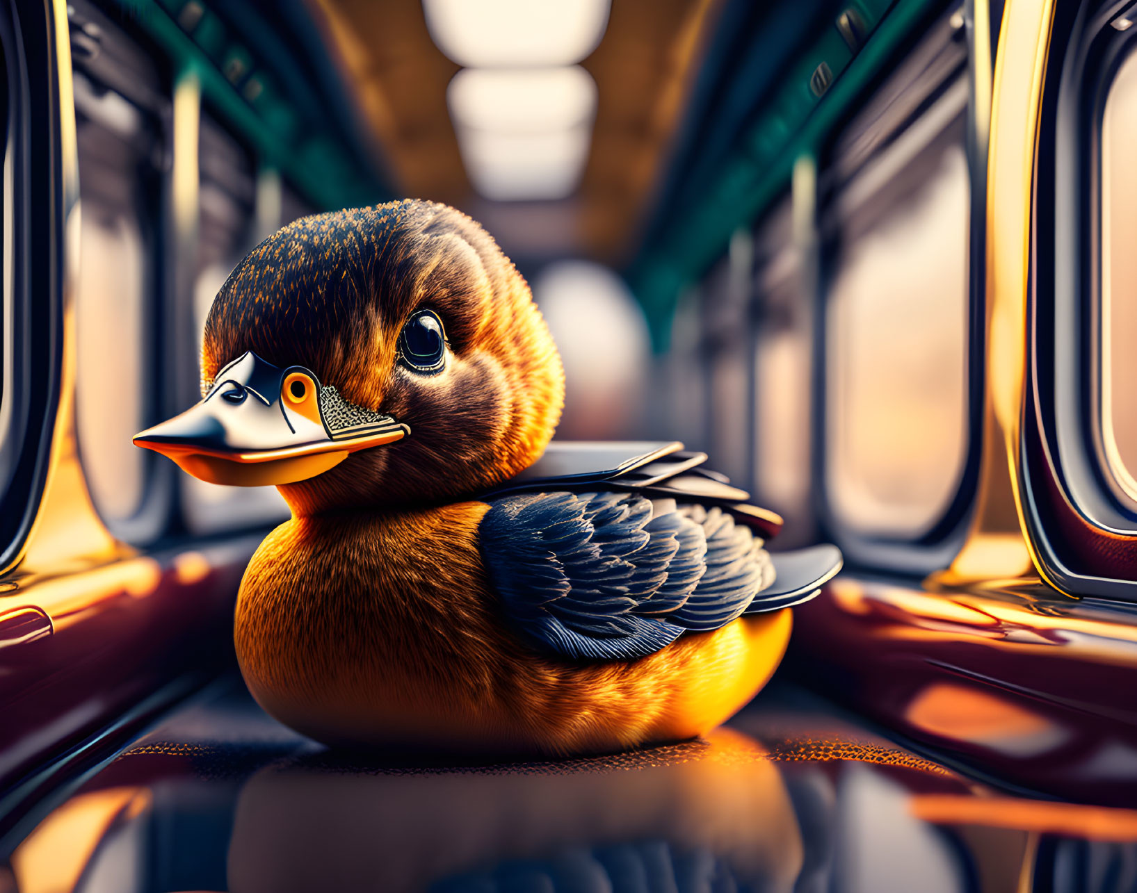 Colorful Duck in Train Carriage with Sunlight Filtering Through Windows