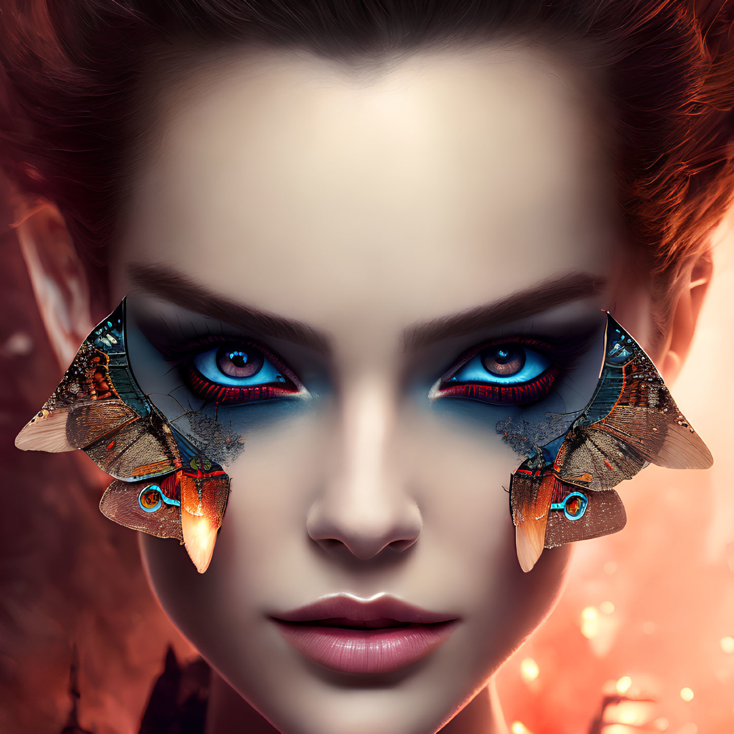 Digital Artwork: Woman with Striking Blue Eyes and Butterfly Wing Earrings against Abstract Red Background