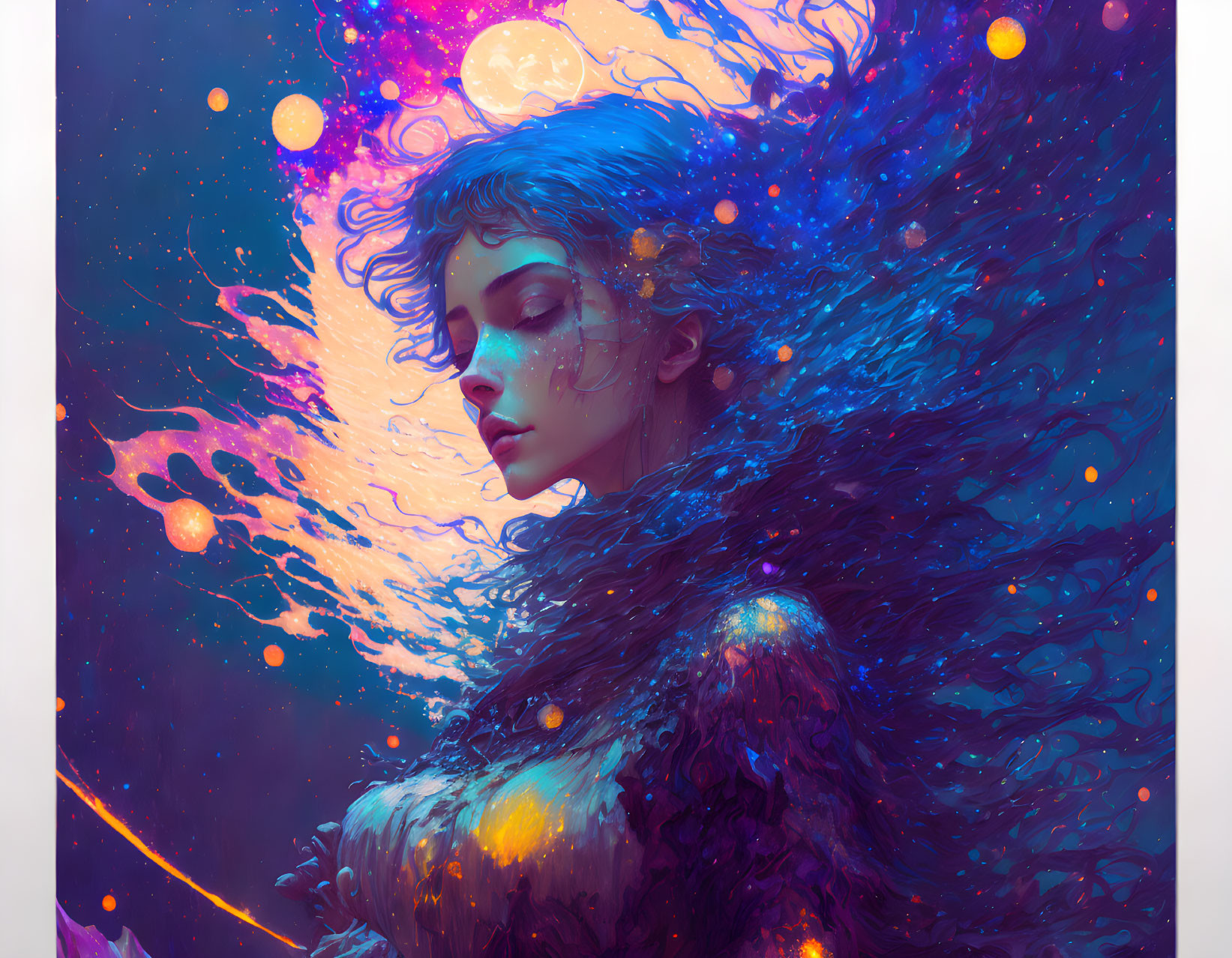 Colorful cosmic woman with swirling hair and cloak in blue and purple hues