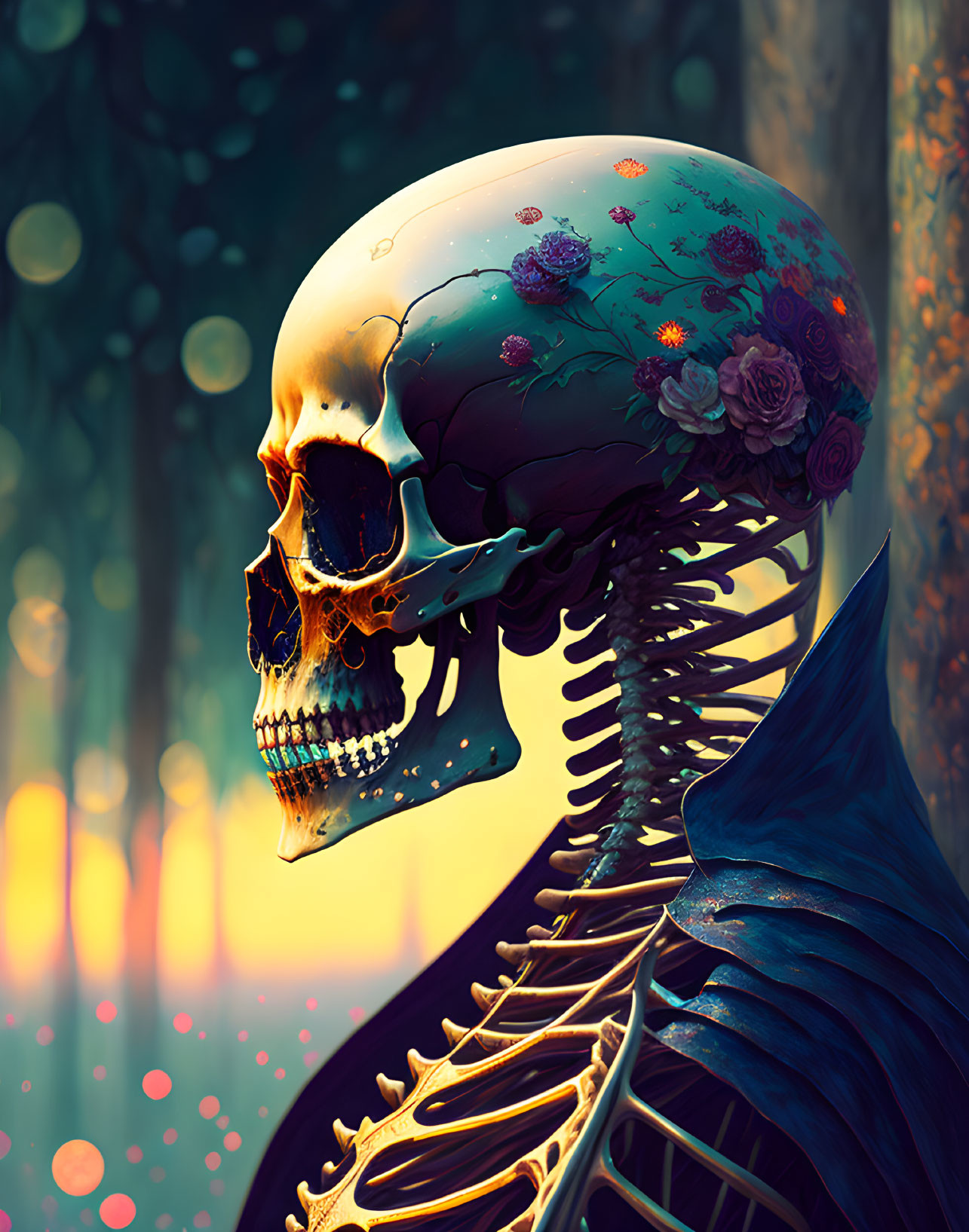 Colorful floral design on skeleton against forest backdrop