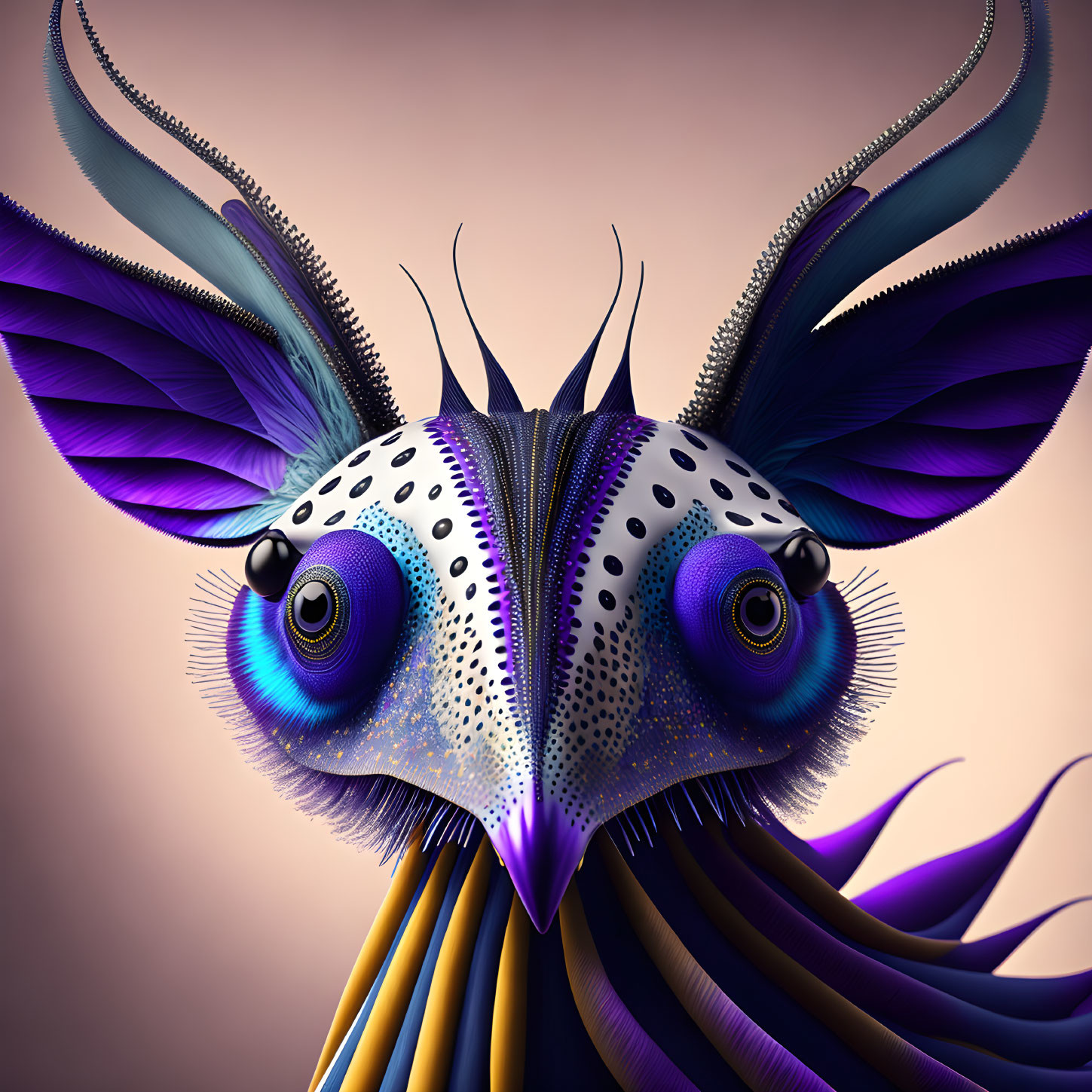 Fantastical creature with expressive purple eyes and vibrant feather-like extensions