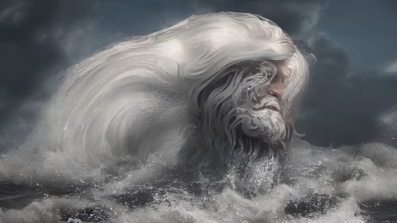 Personified wave with bearded face in stormy sky