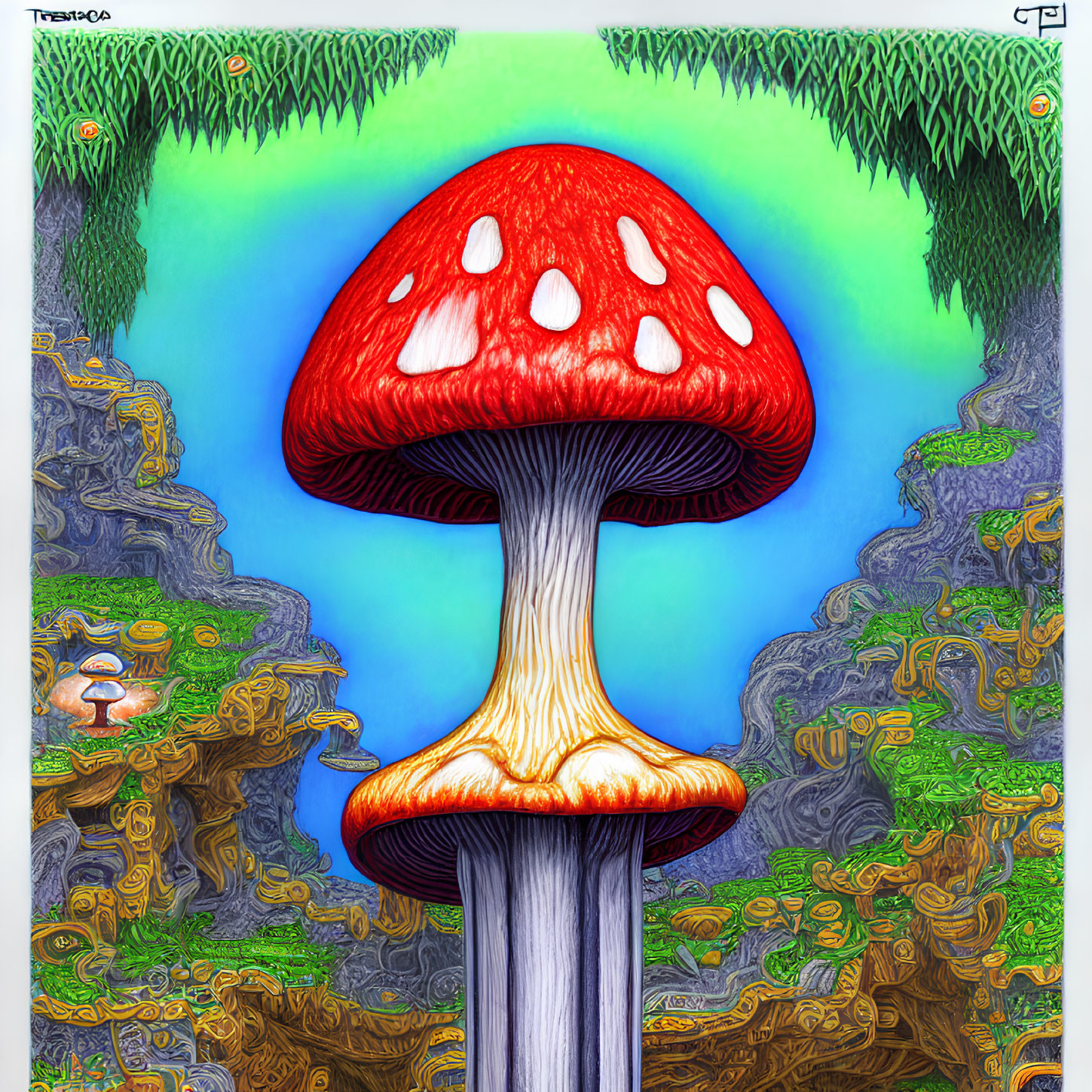 Colorful Illustration of Large Red Mushroom in Whimsical Landscape