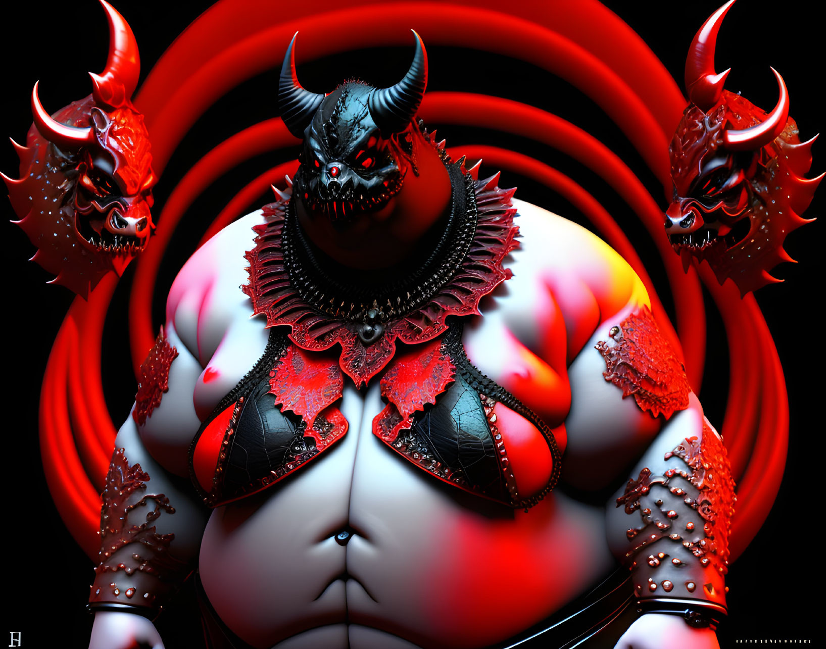 Stylized menacing bull figures in red and black armor on dark background