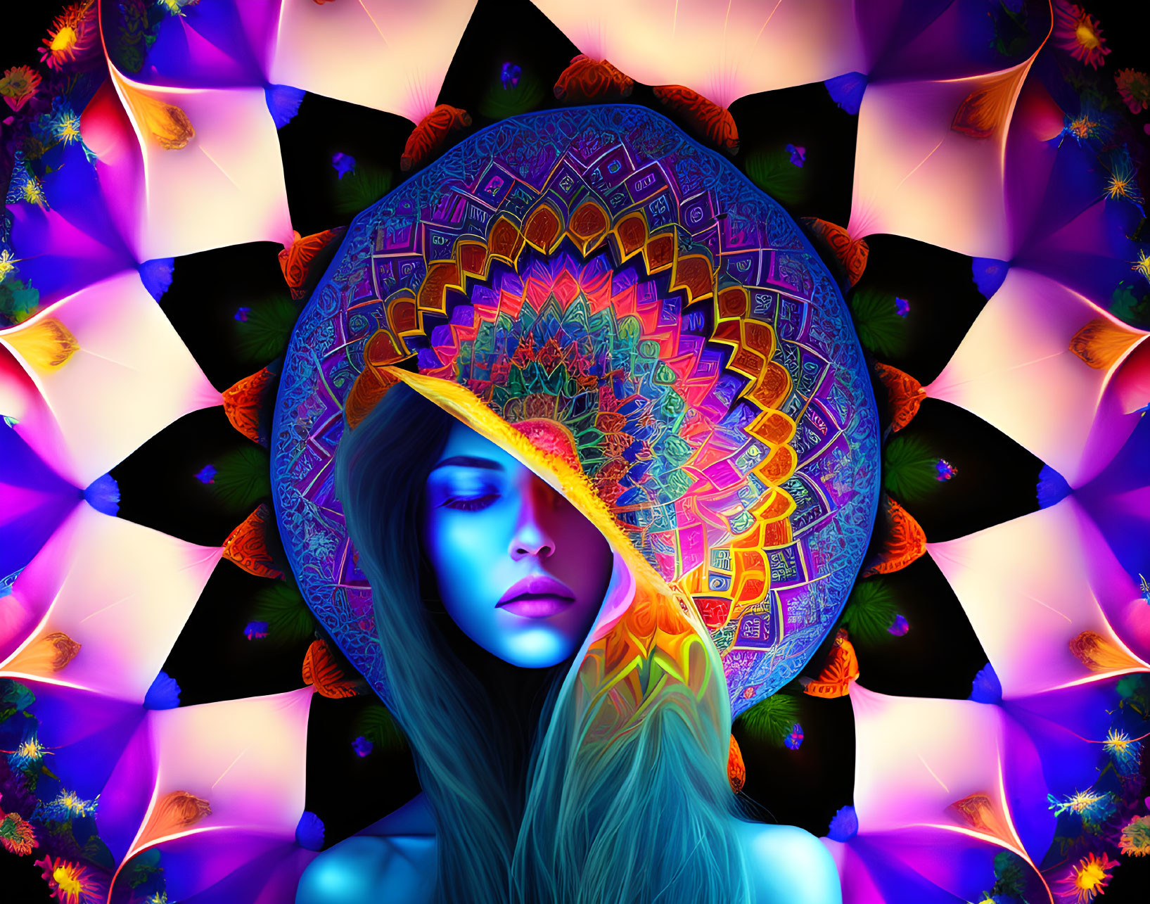 Digital art: Woman's face merged with colorful mandala on psychedelic floral background