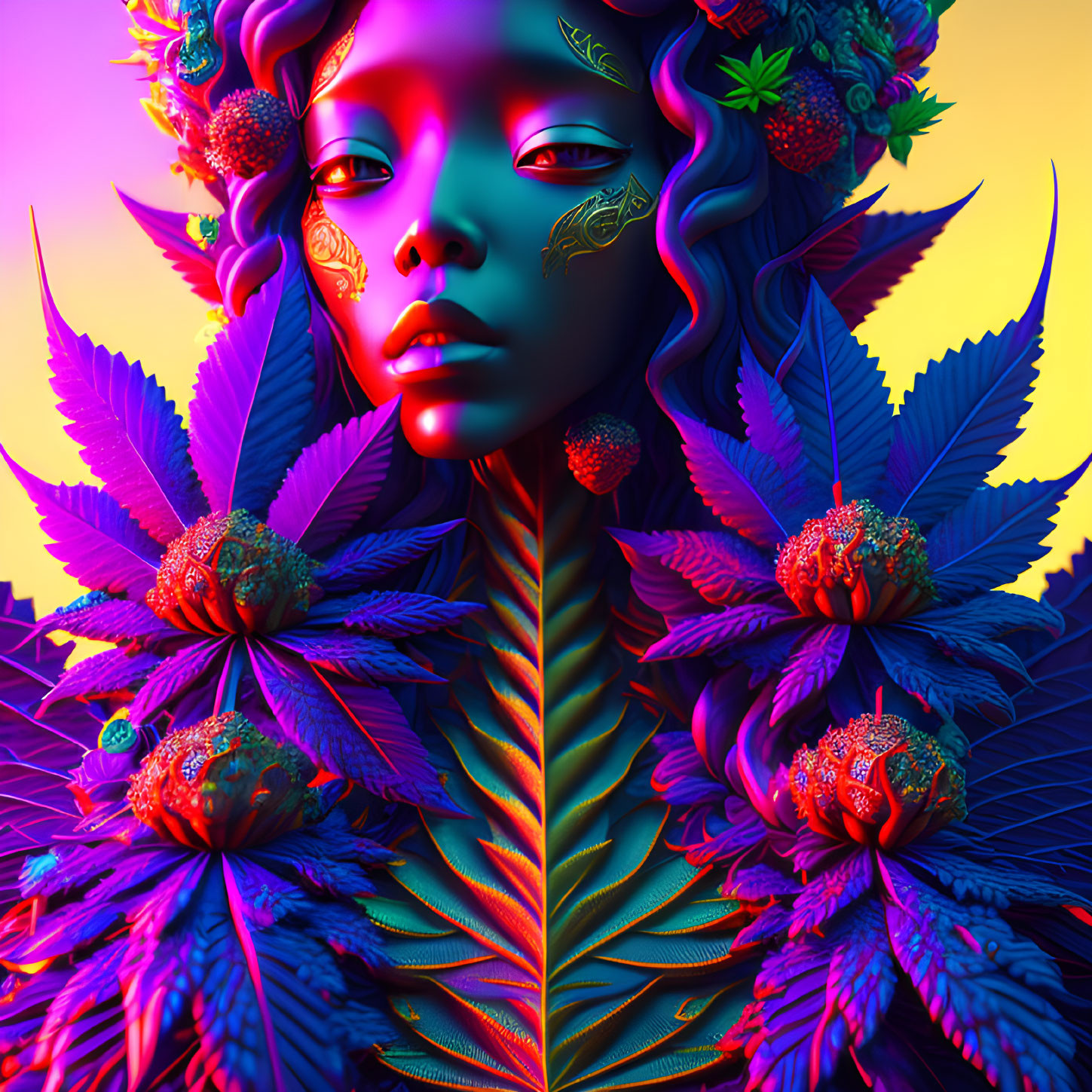 Colorful digital artwork of stylized female figure with blue skin and neon flora.