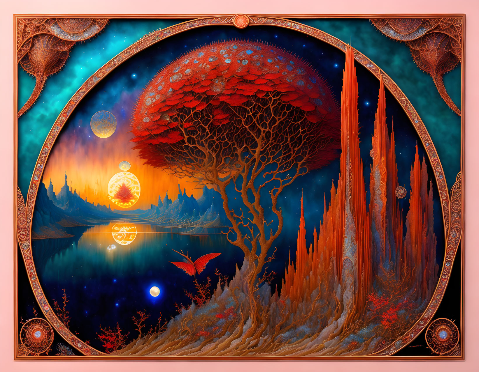 Circular frame artwork: intricate tree, ornate patterns, celestial bodies, reflective water