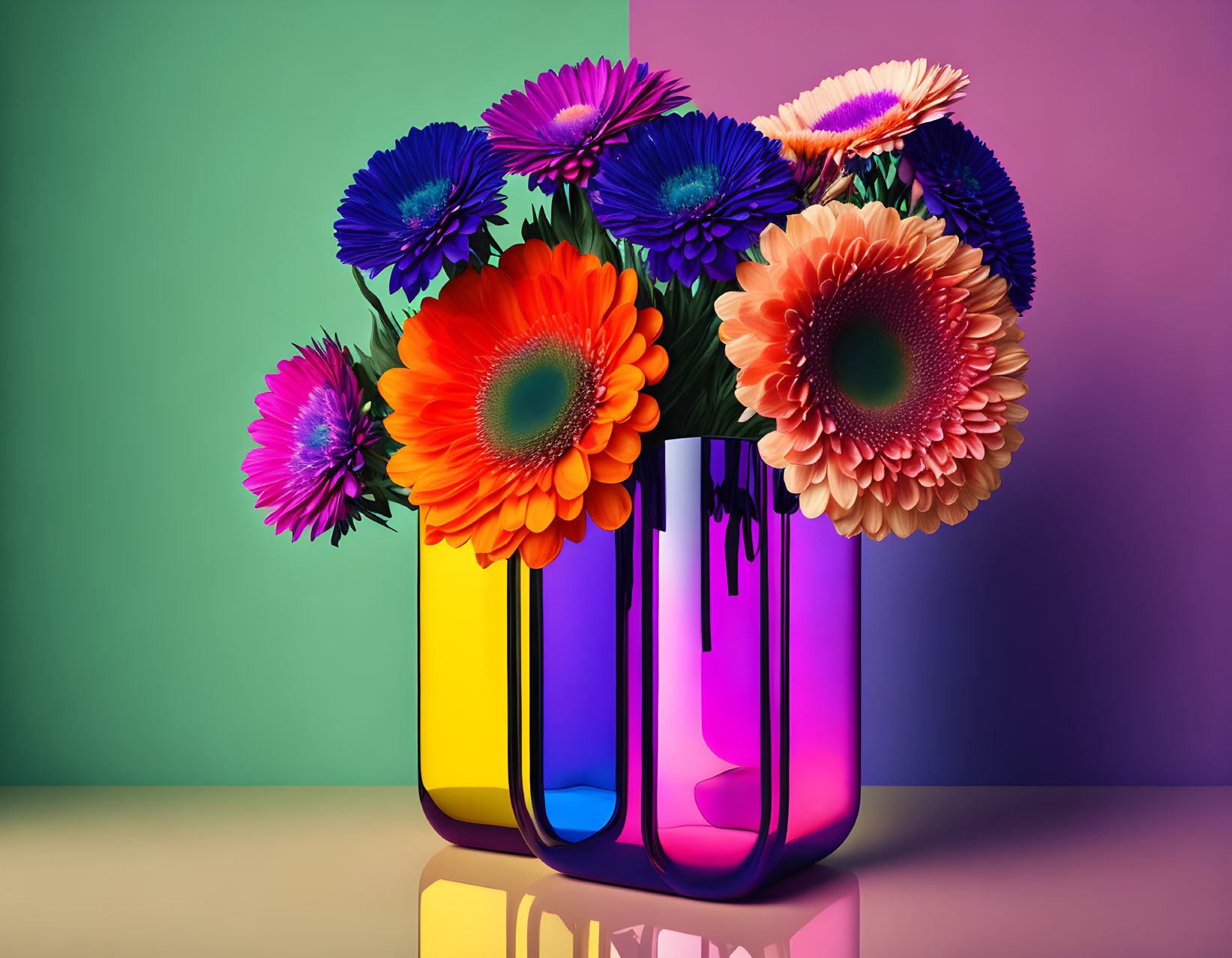 Vibrant gerbera flowers in colorful vases on dual-tone background