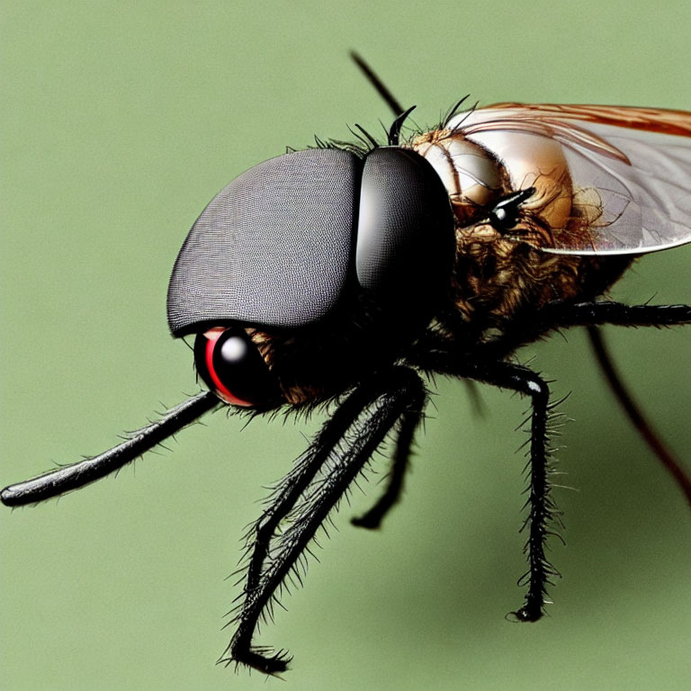 Detailed Close-Up of Fly with Textured Body and Wings on Green Background