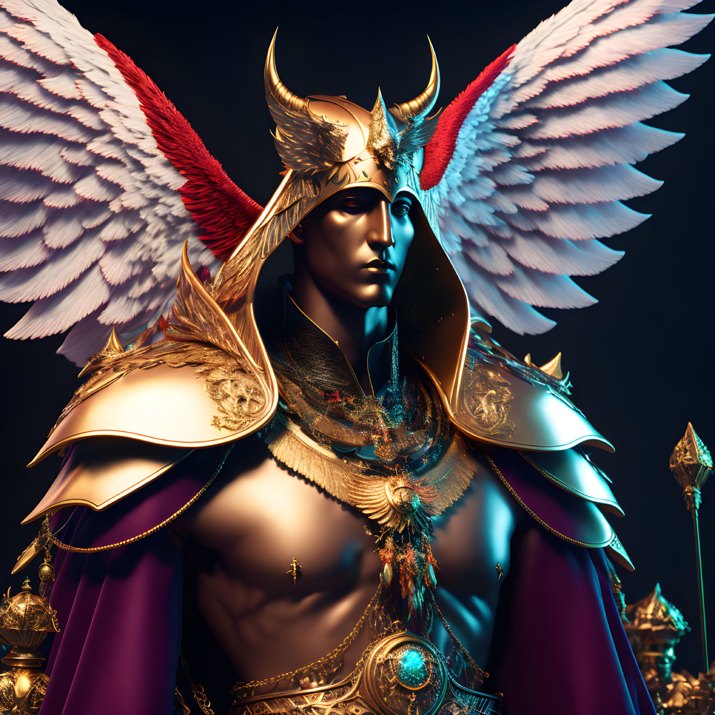 Golden-armored fantasy figure with winged helmet and feathered wings on dark background