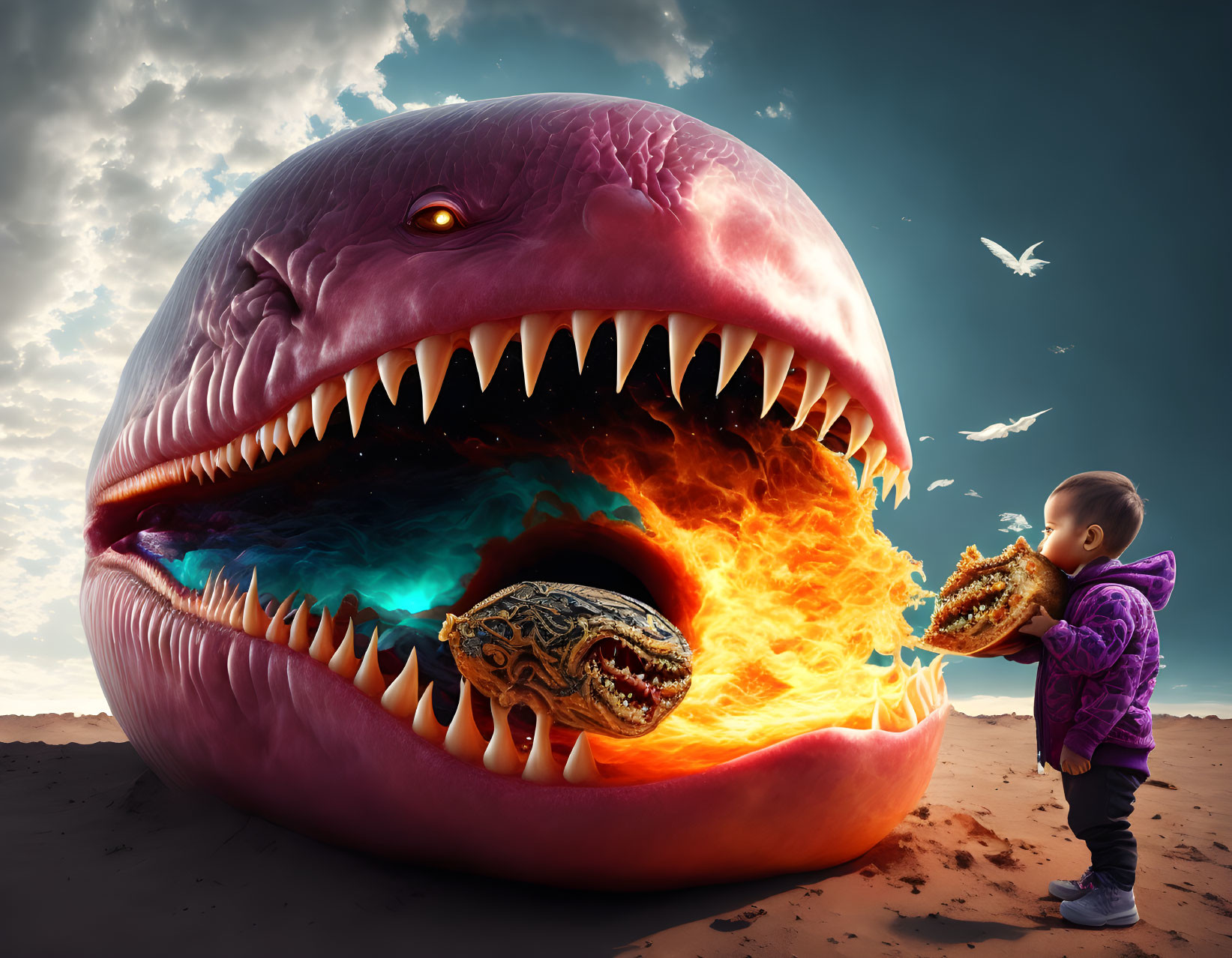 Giant purple creature faces child with fiery creature in hand