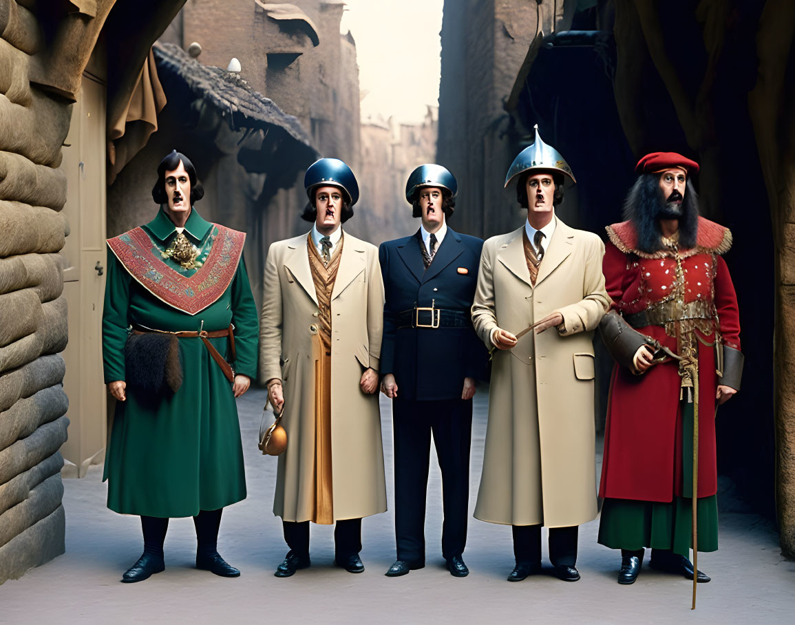 Vintage military uniforms worn by five men against old stone buildings