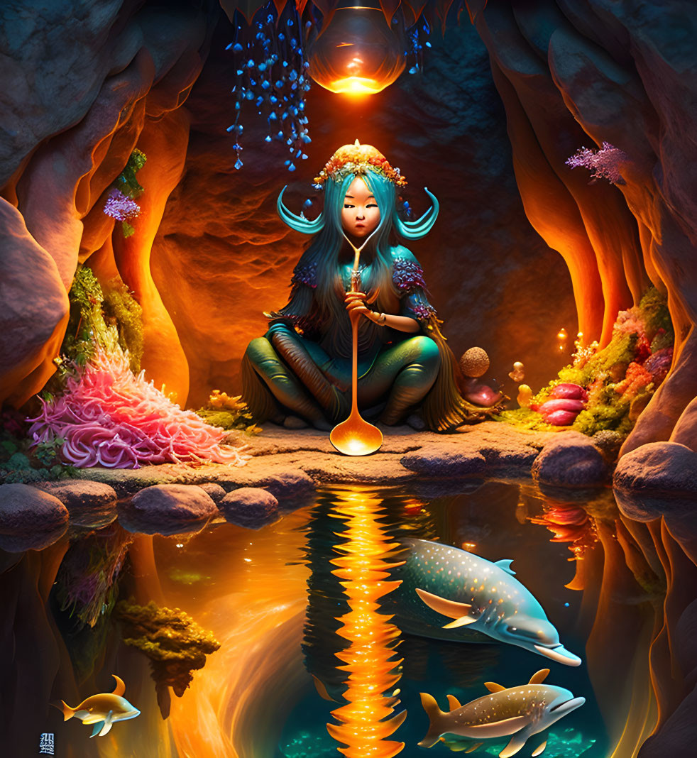 Blue-Haired Mystical Female by Underground Pond with Colorful Flora