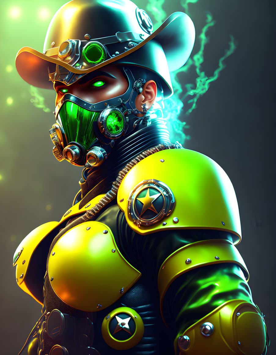 Futuristic character in armored suit with gas mask and cowboy hat on neon-lit backdrop