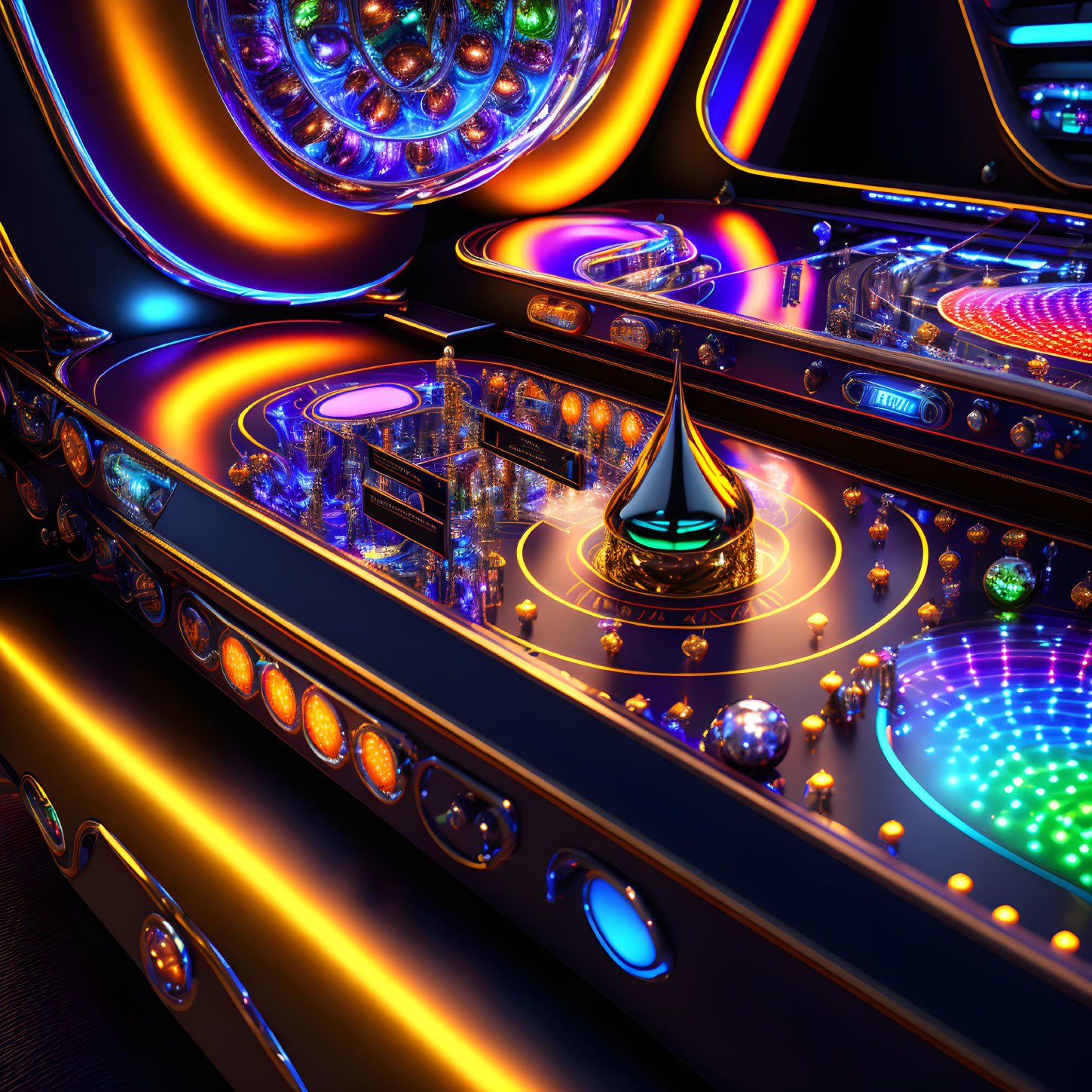 Vibrant neon lights on futuristic pinball machine