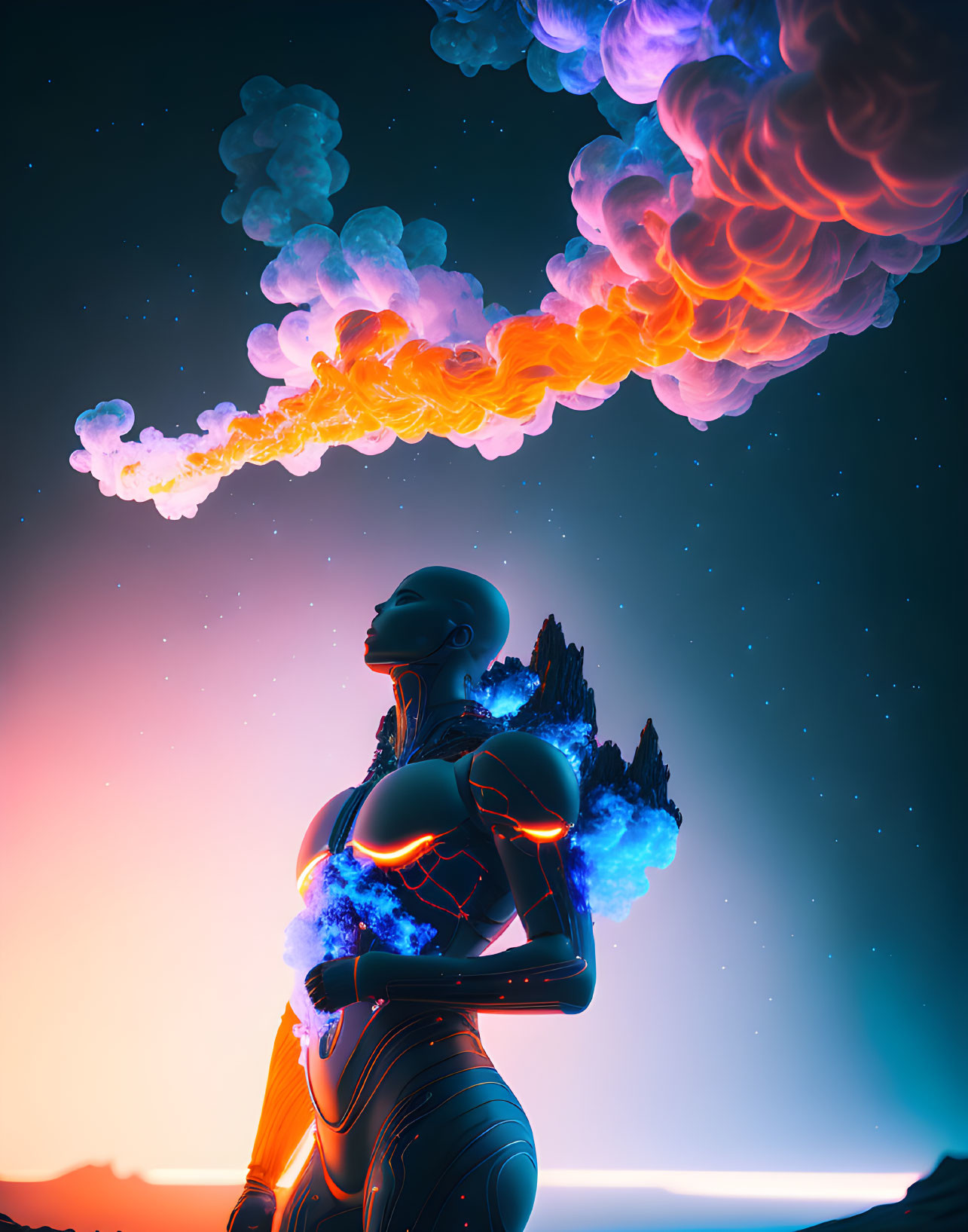 Futuristic humanoid figure in surreal landscape with cosmic energy and vibrant sky