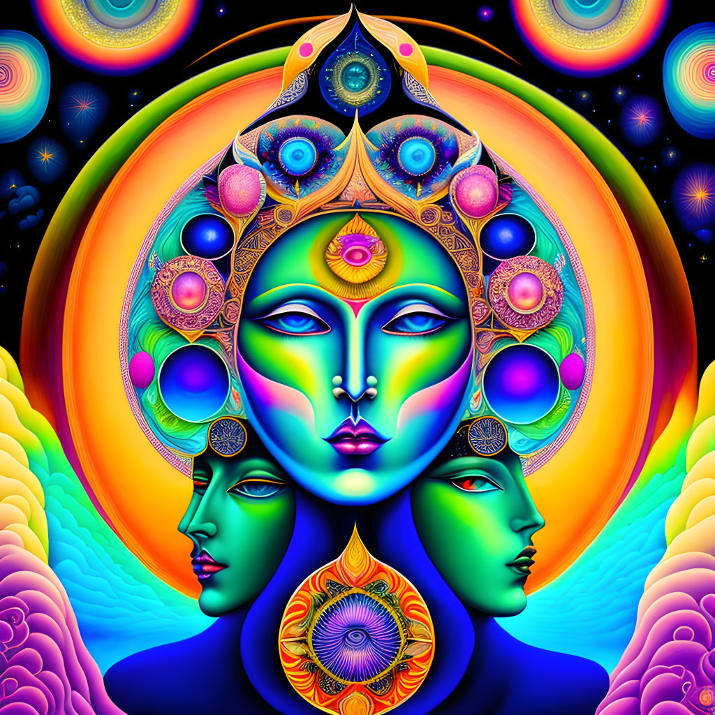 Colorful Psychedelic Digital Art: Blue Face with Symmetrical Faces & Cosmic Elements