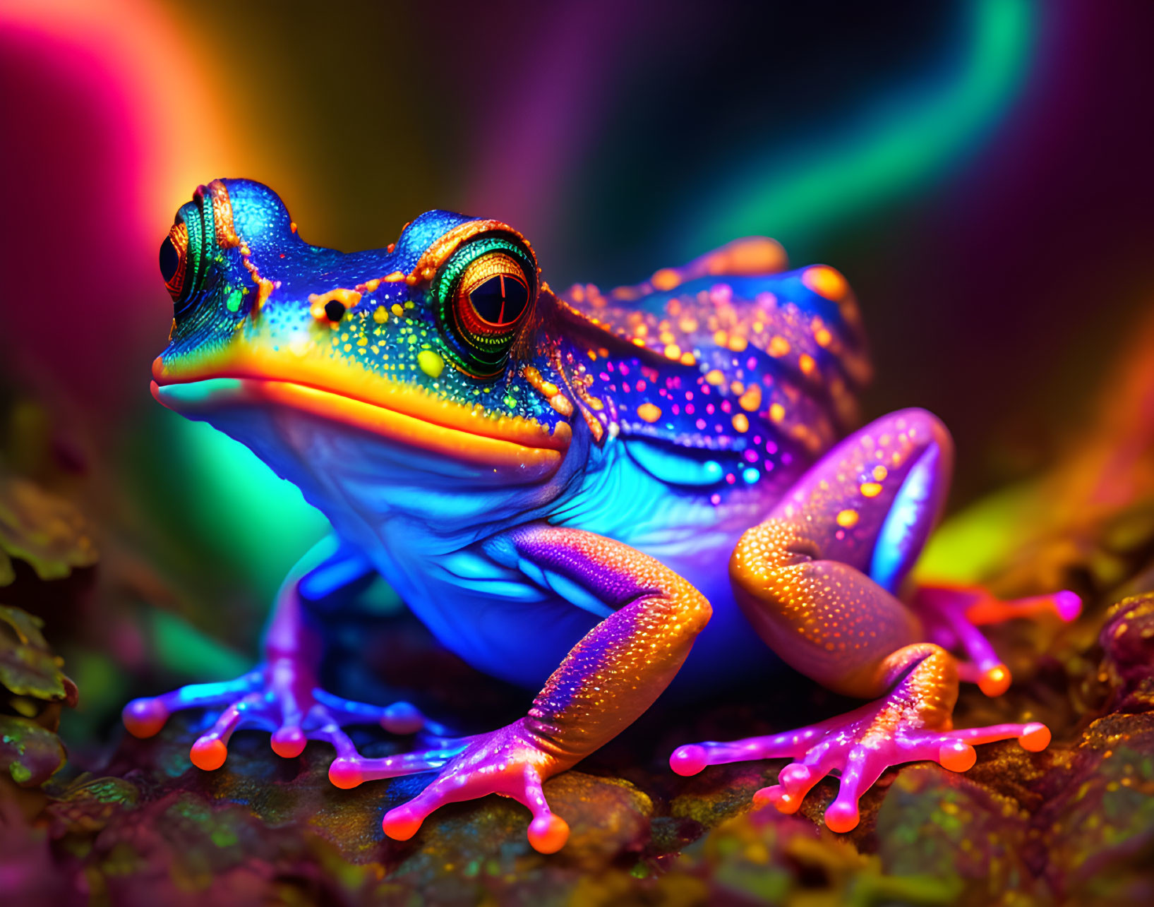 Colorful Frog with Blue Body and Orange Toes on Neon Rainbow Background