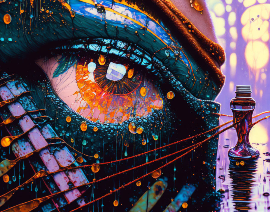 Vibrant mechanical eye artwork with grid pattern and bokeh lights