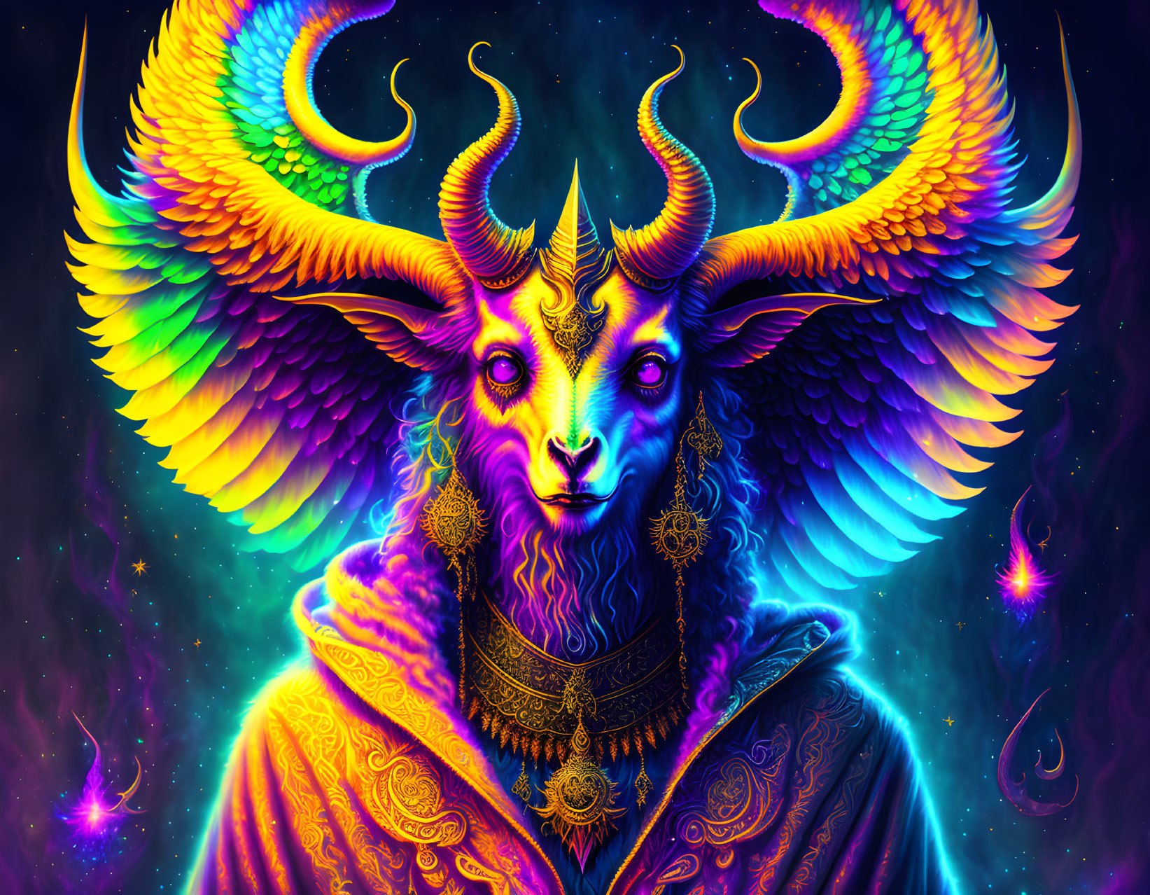 Colorful psychedelic portrait of mystical creature with ram's head and cosmic background