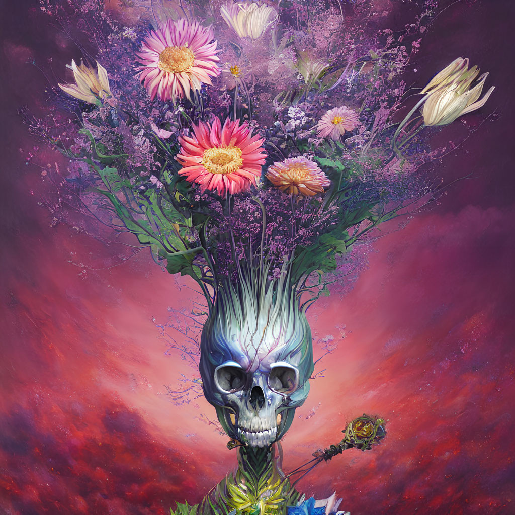 Skull with colorful flower bouquet on cosmic background