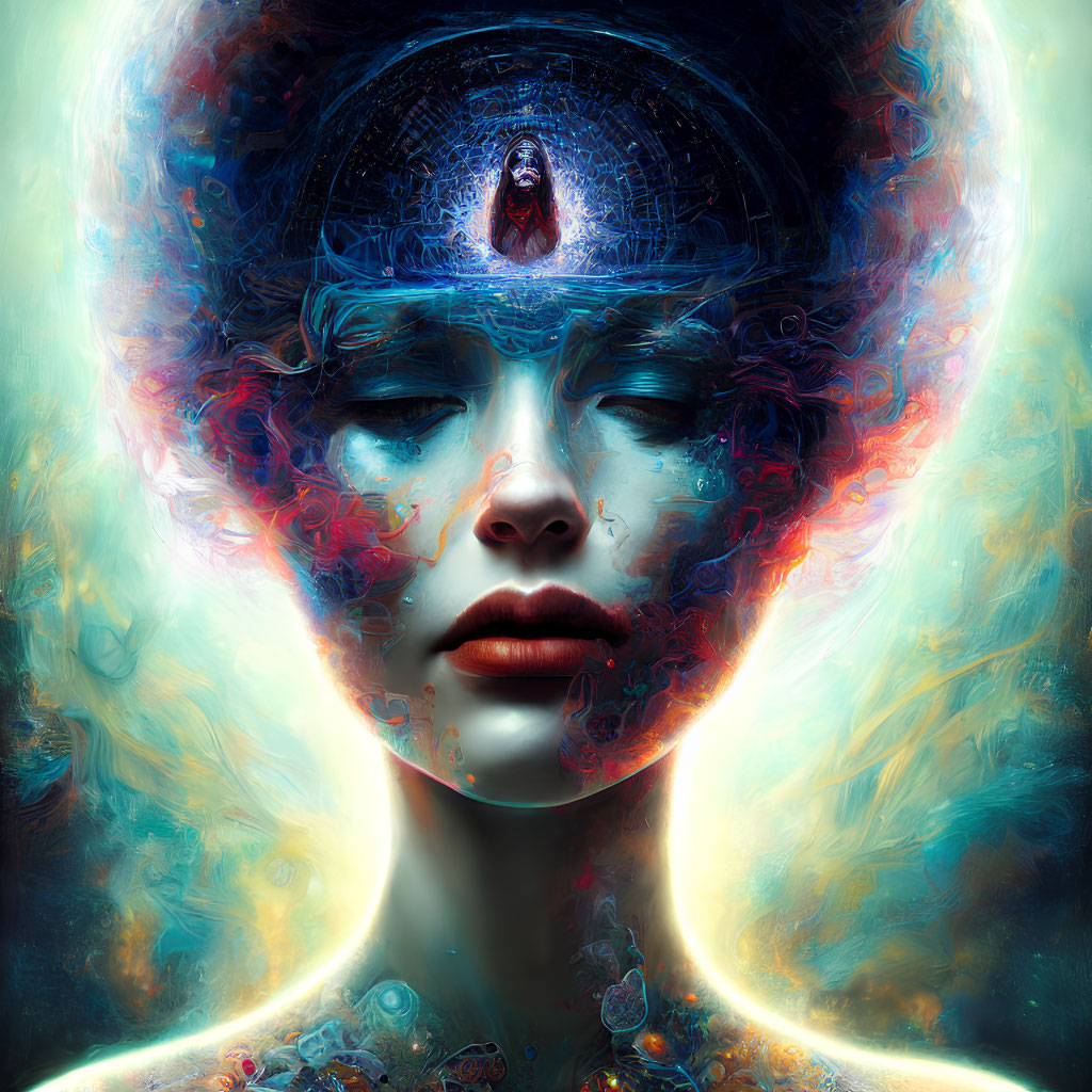 Vibrant surreal portrait with glowing headdress in blue and fiery hues