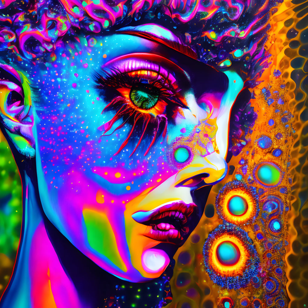 Colorful psychedelic artwork: Neon woman's face with fractal details