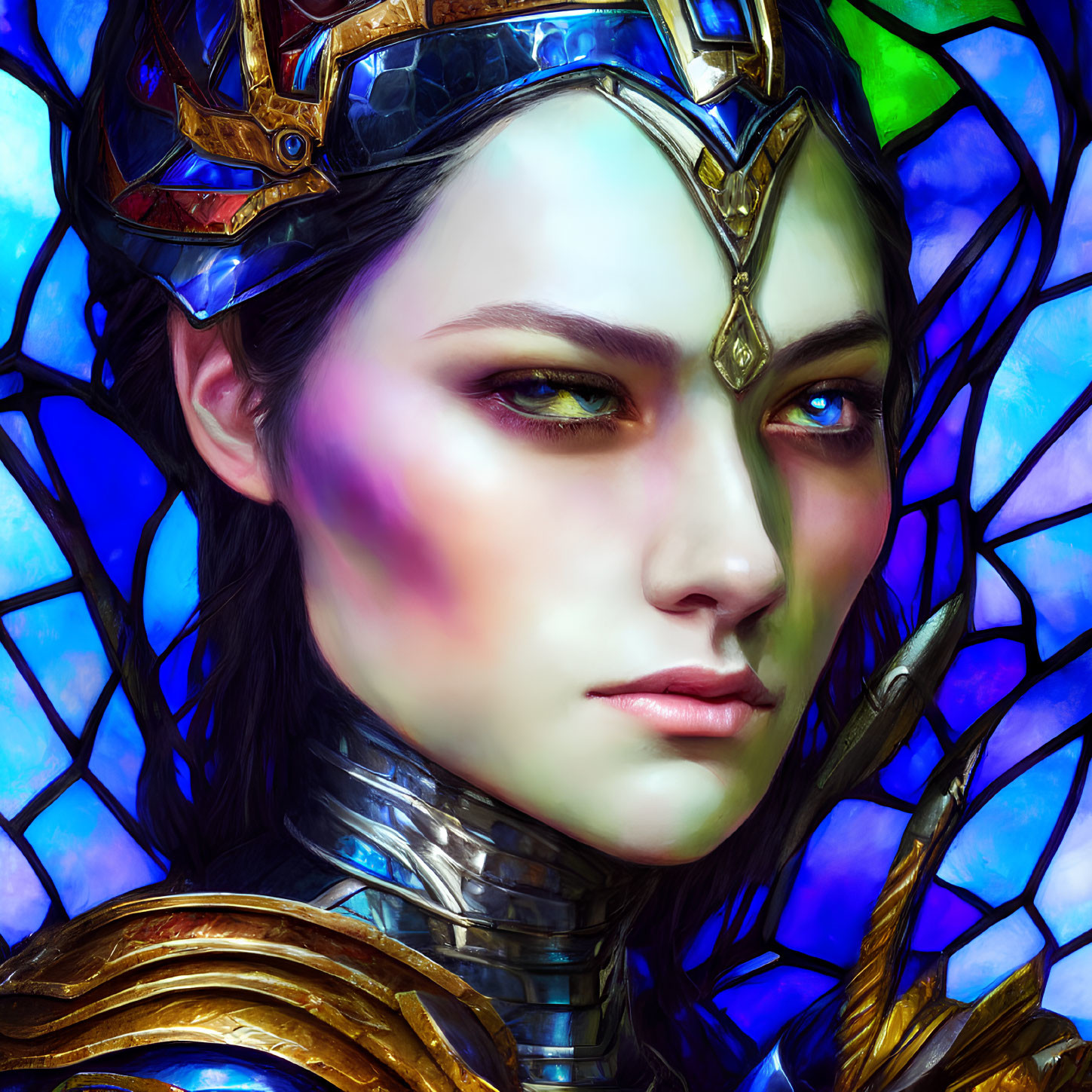 Digital portrait of a woman in ornate armor with green eyes against blue stained glass