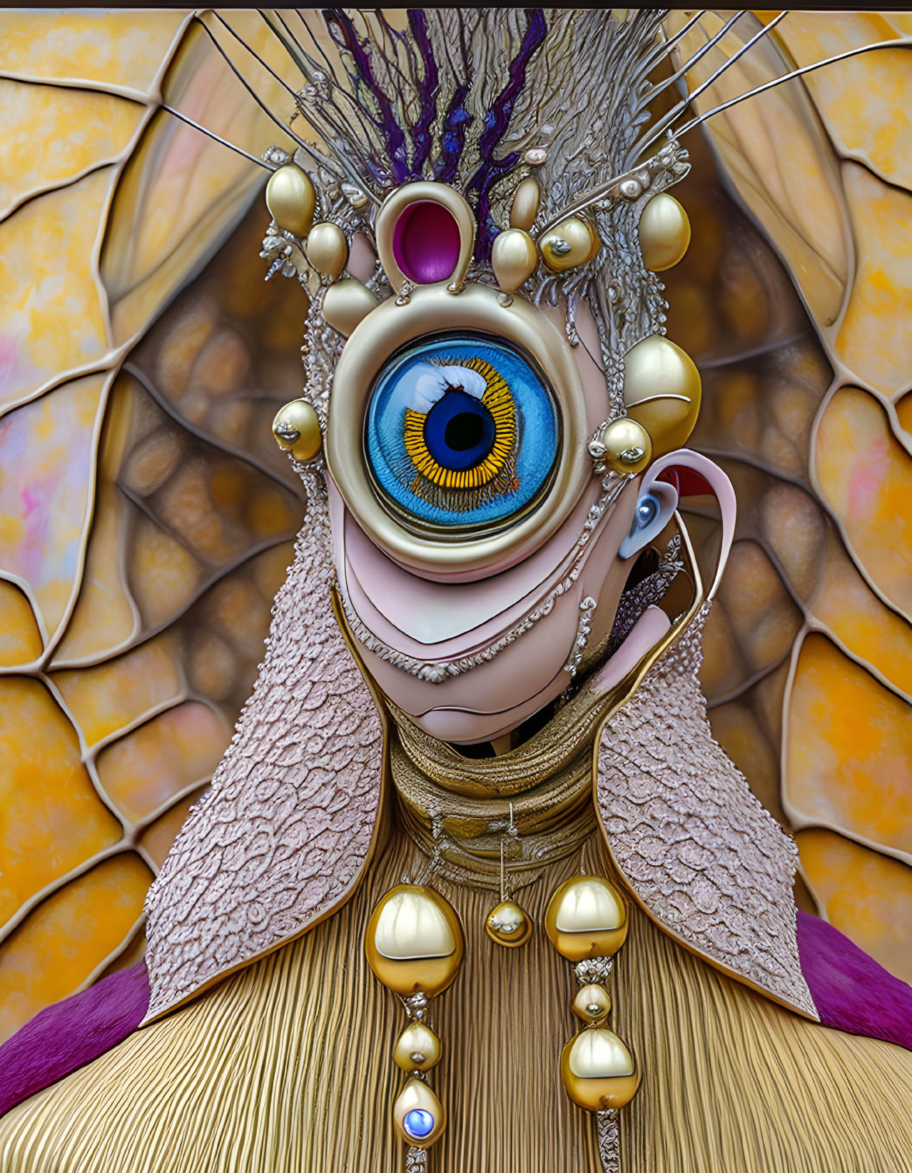 Surreal artwork: Stylized figure with eye head, pearls, textures, abstract golden backdrop