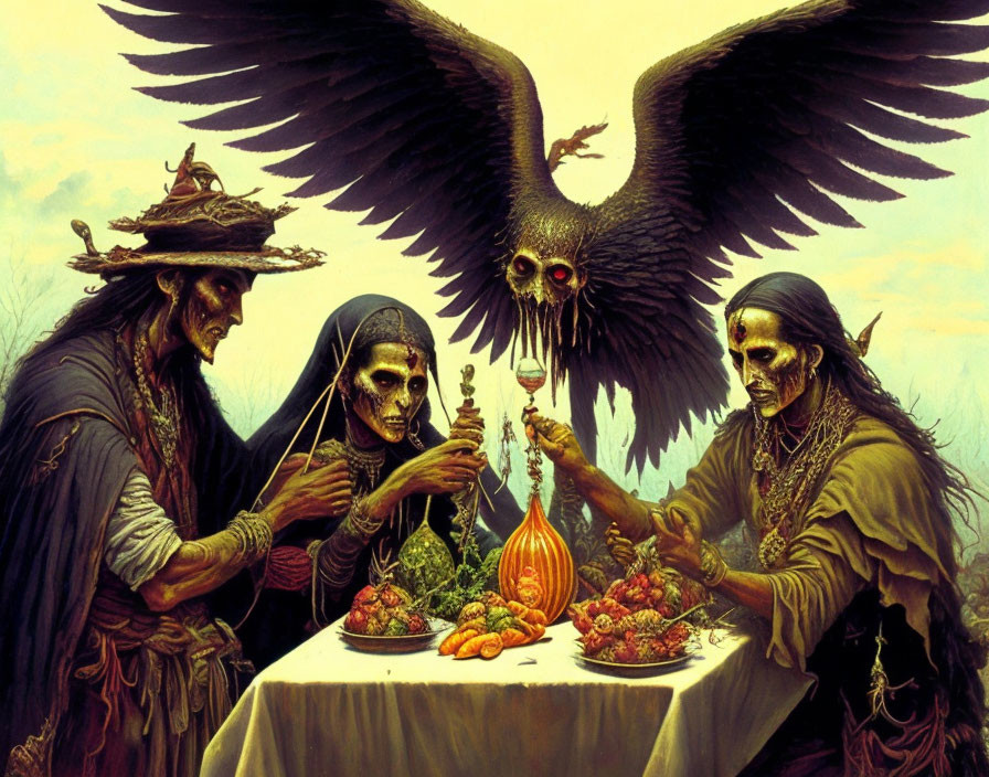 Skeletal figures dining with fruits and candle under ominous bird