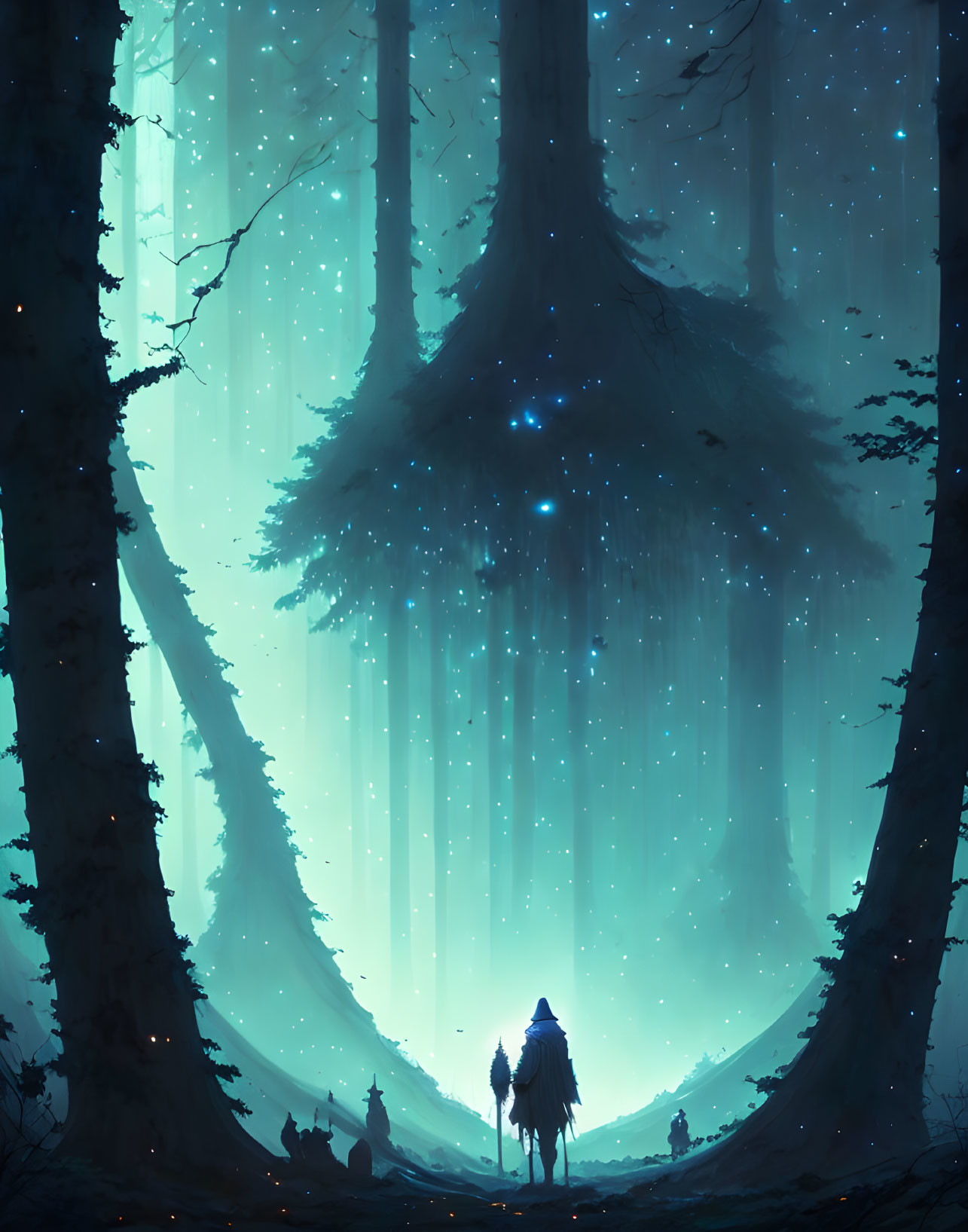 Enchanted forest with towering trees and figure holding lantern beneath glowing blue lights