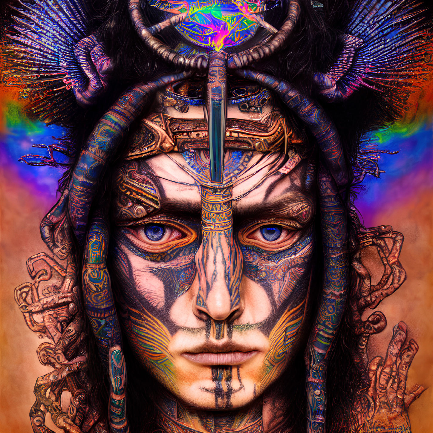 Person with Tribal Face Paint & Cybernetic Enhancements in Futuristic Artwork