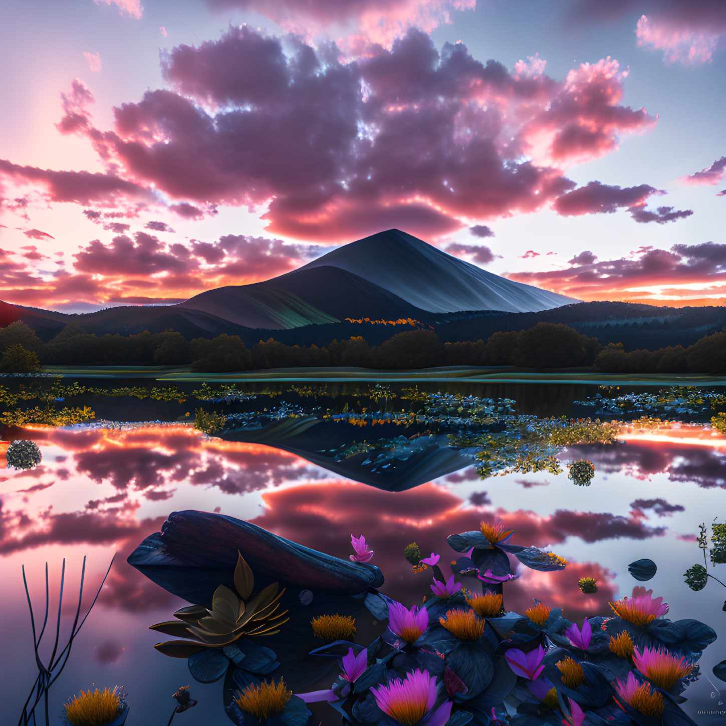 Tranquil mountain reflection in serene lake at sunrise