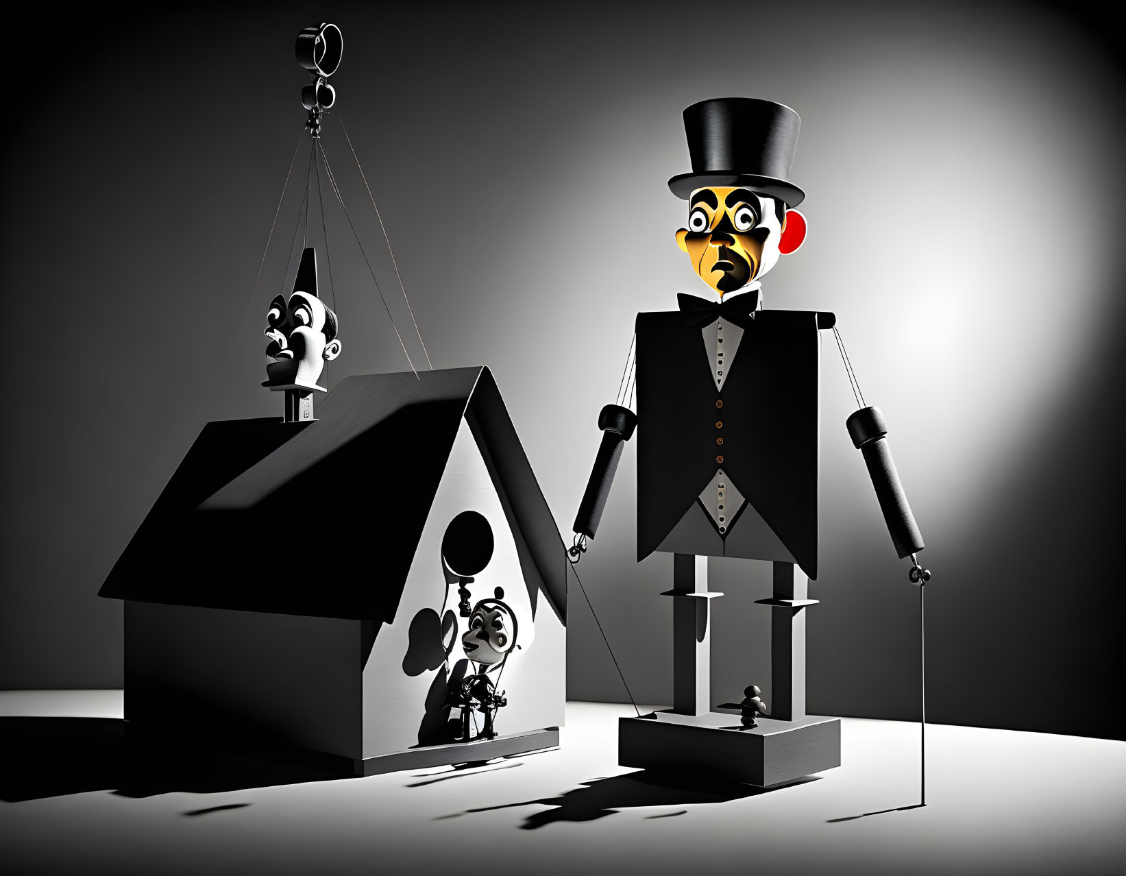 Stylized 3D image: Puppeteer in black suit with top hat controls puppet dog in