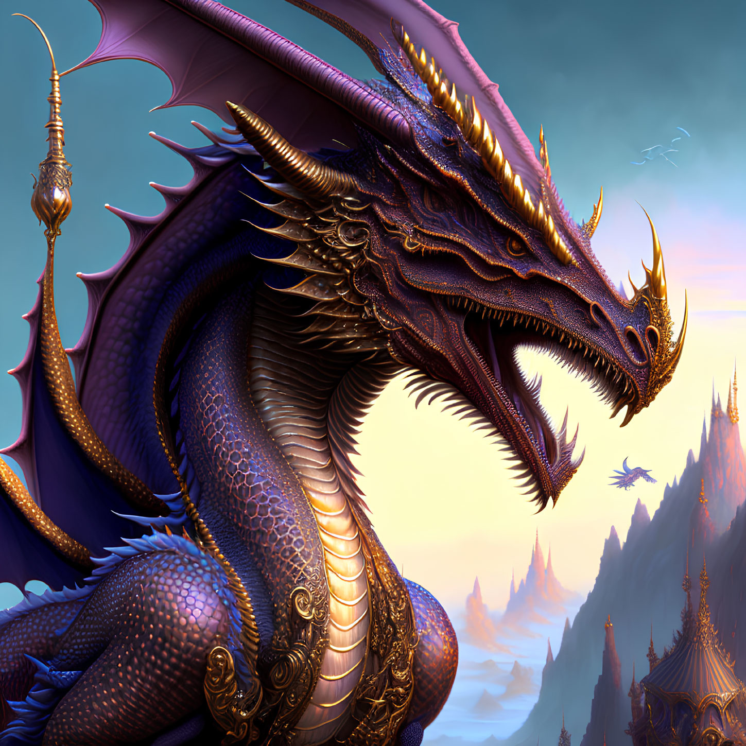 Purple and Gold Dragon with Intricate Scales and Horns on Rocky Landscape